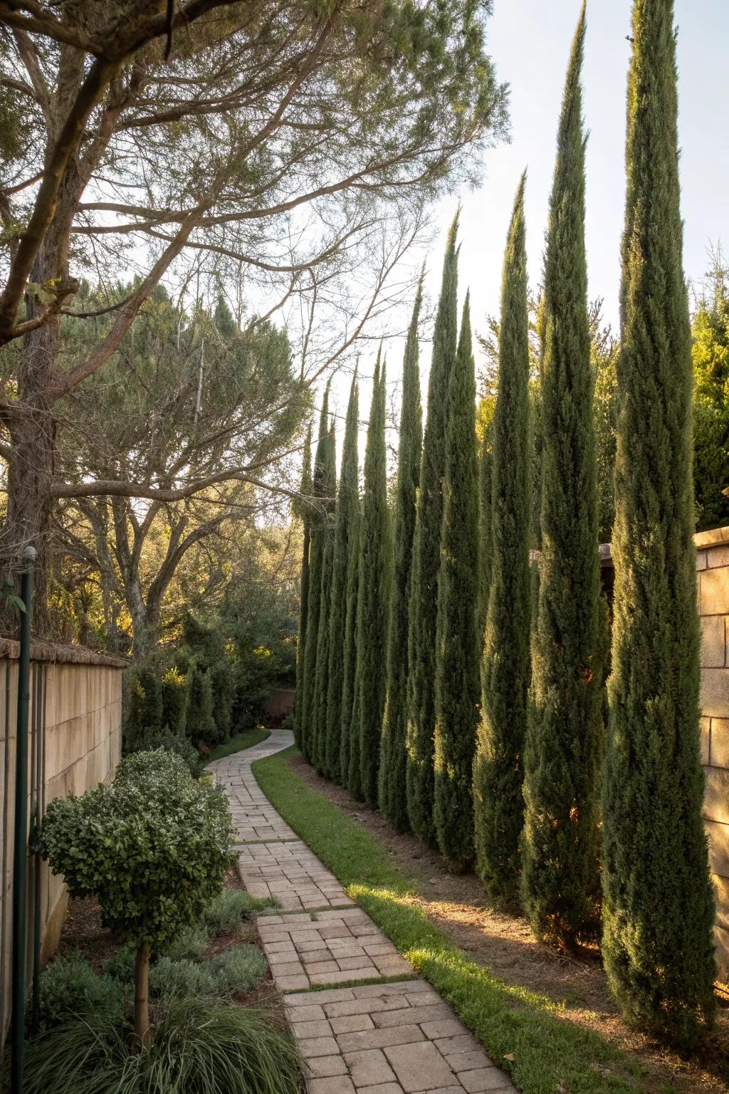 Cypress trees providing an elegant and effective privacy screen.