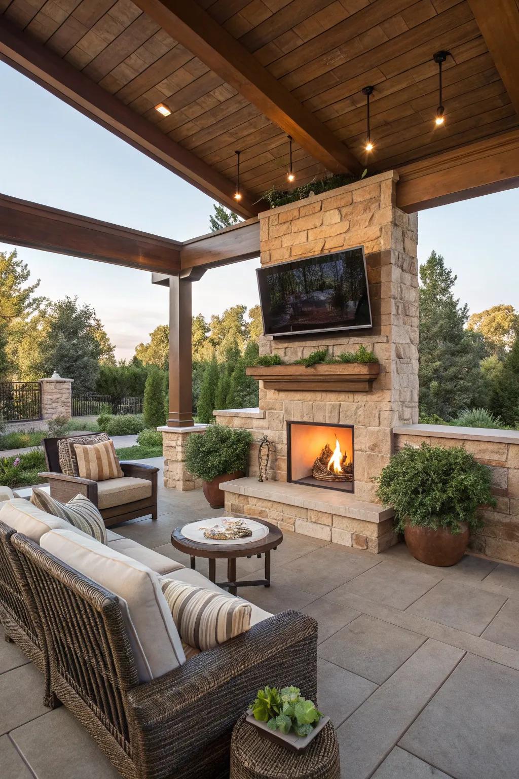 A fireplace and TV combo creates a warm, inviting patio atmosphere.