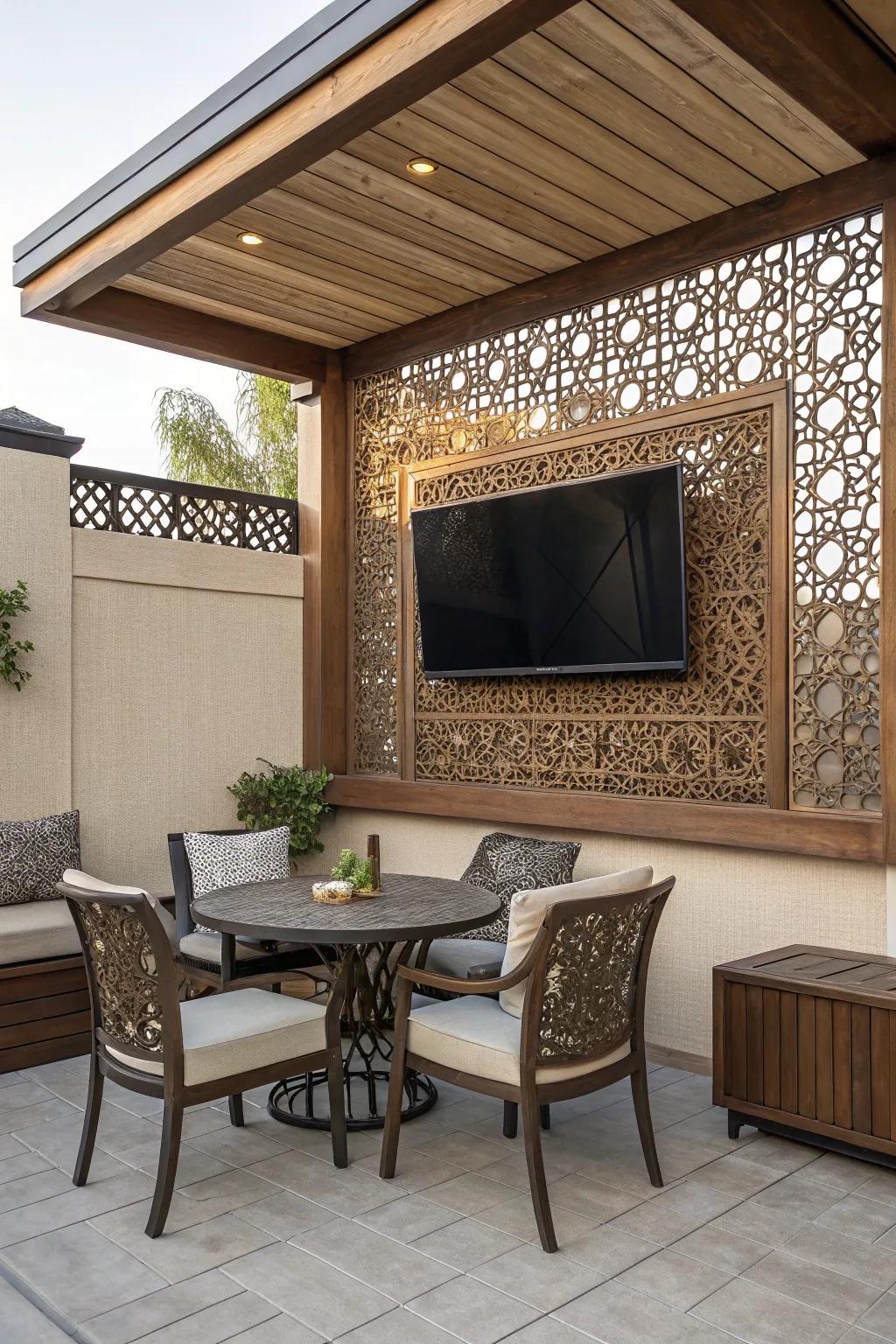 A wooden panel adds a stylish flair to your patio TV setup.