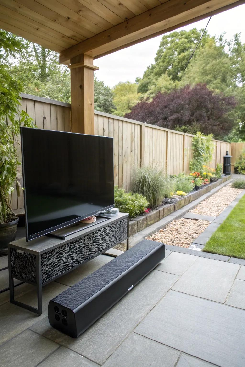 A soundbar elevates the audio quality of your outdoor setup.