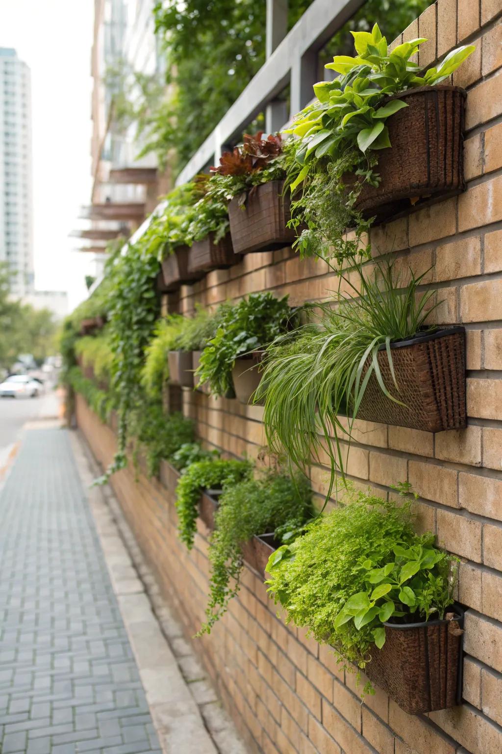 Hanging planters create a lively and inviting wall.