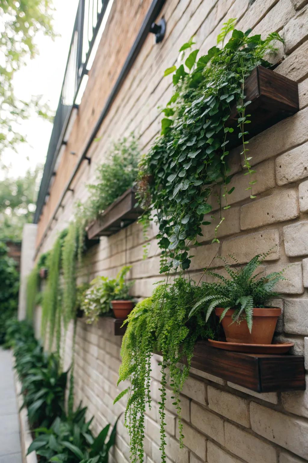 Cascading plants bring a lush, dynamic look to brick walls.