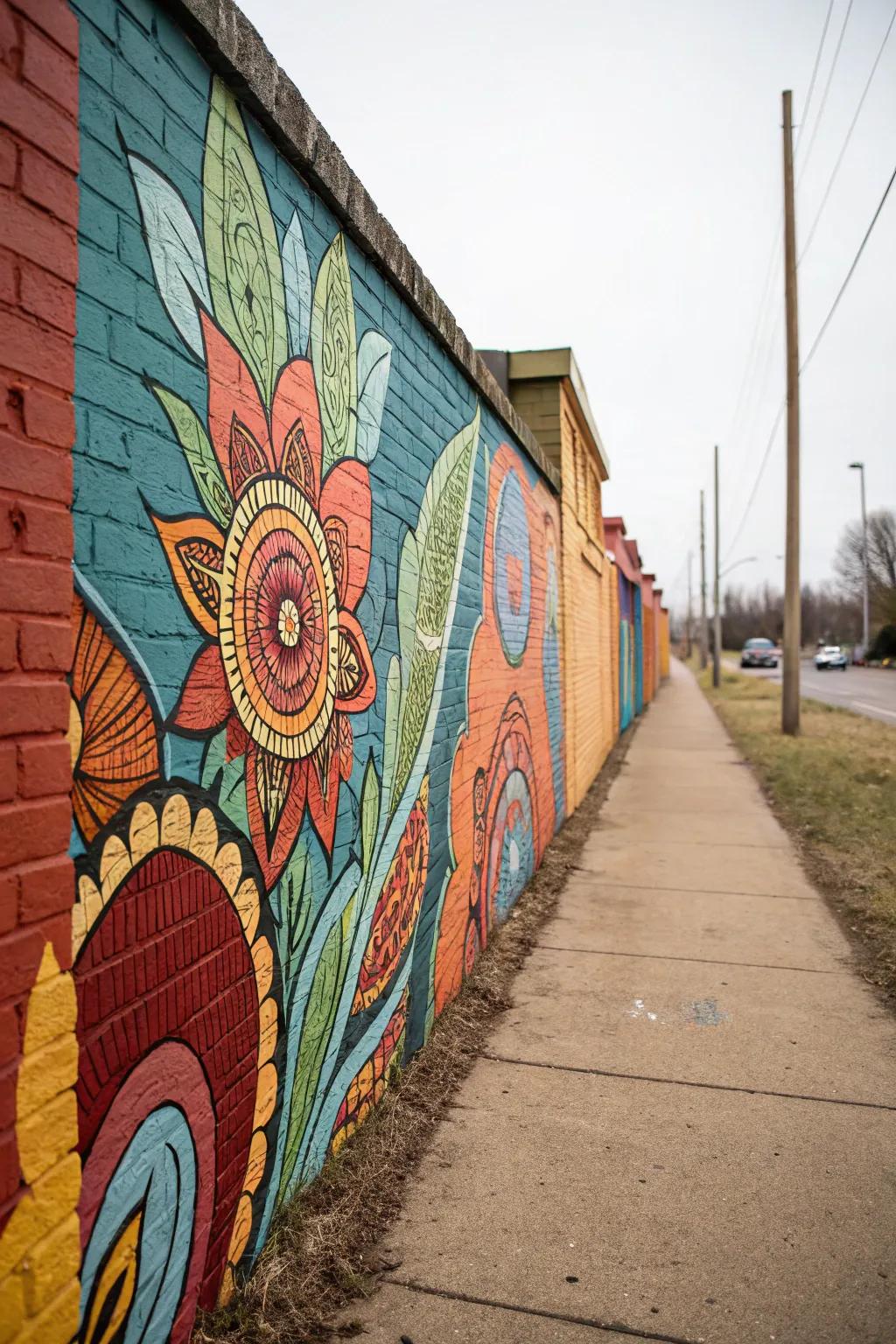 A mural transforms a simple wall into a vibrant work of art.
