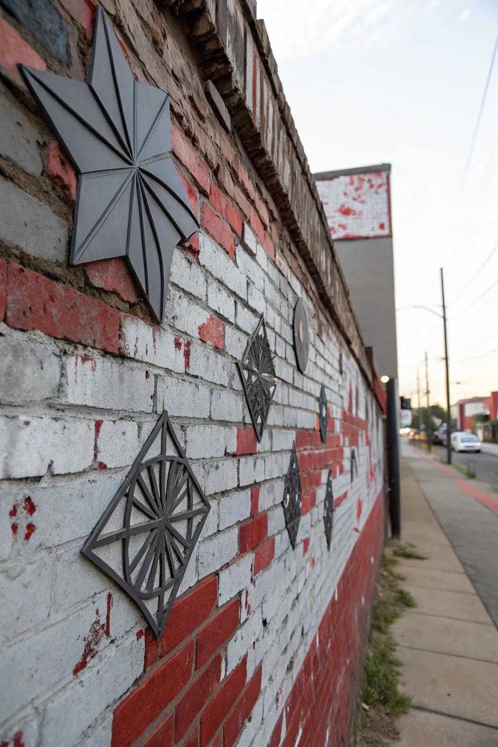 Metal art brings a modern aesthetic to outdoor walls.