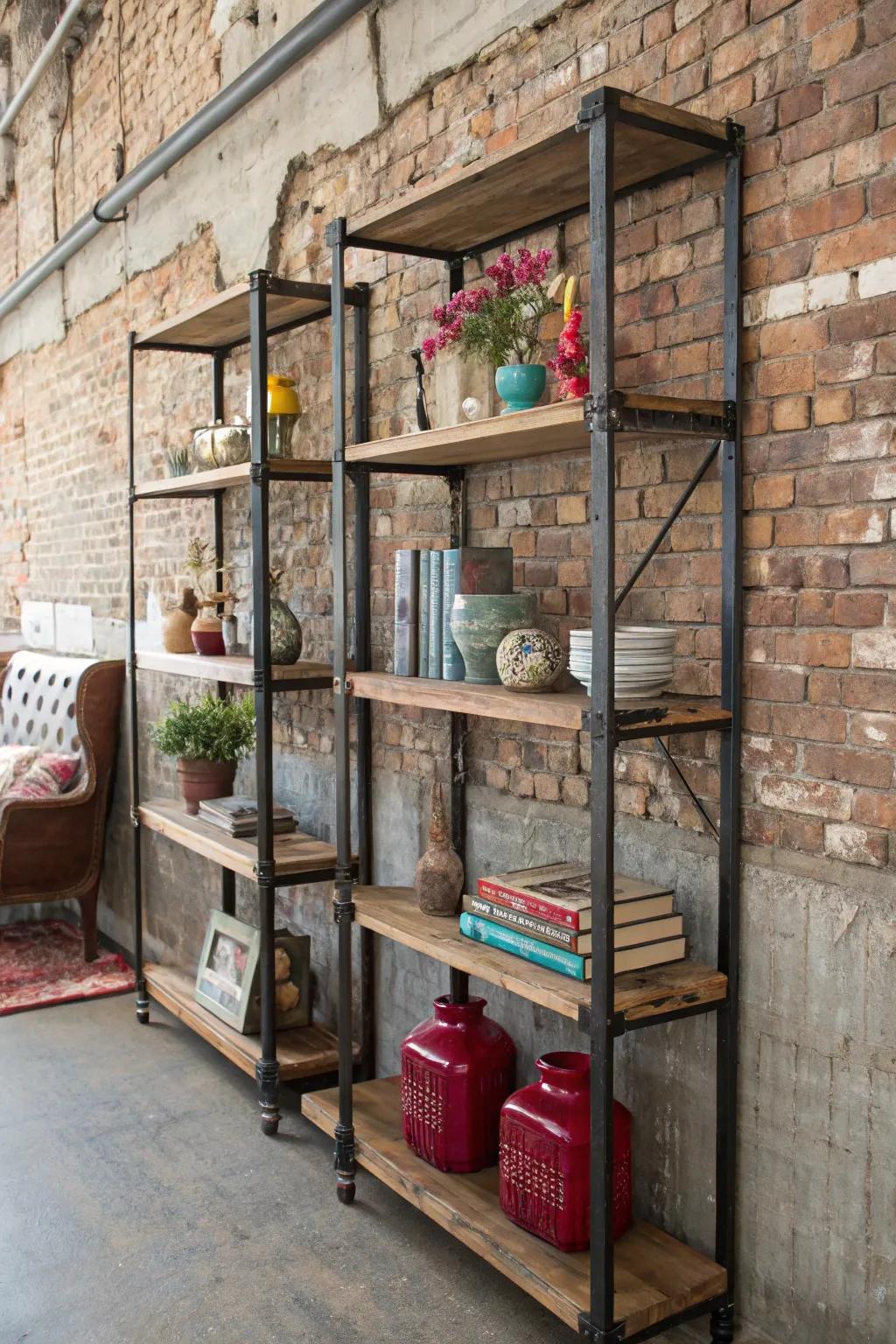 Industrial shelves provide stylish storage and display.