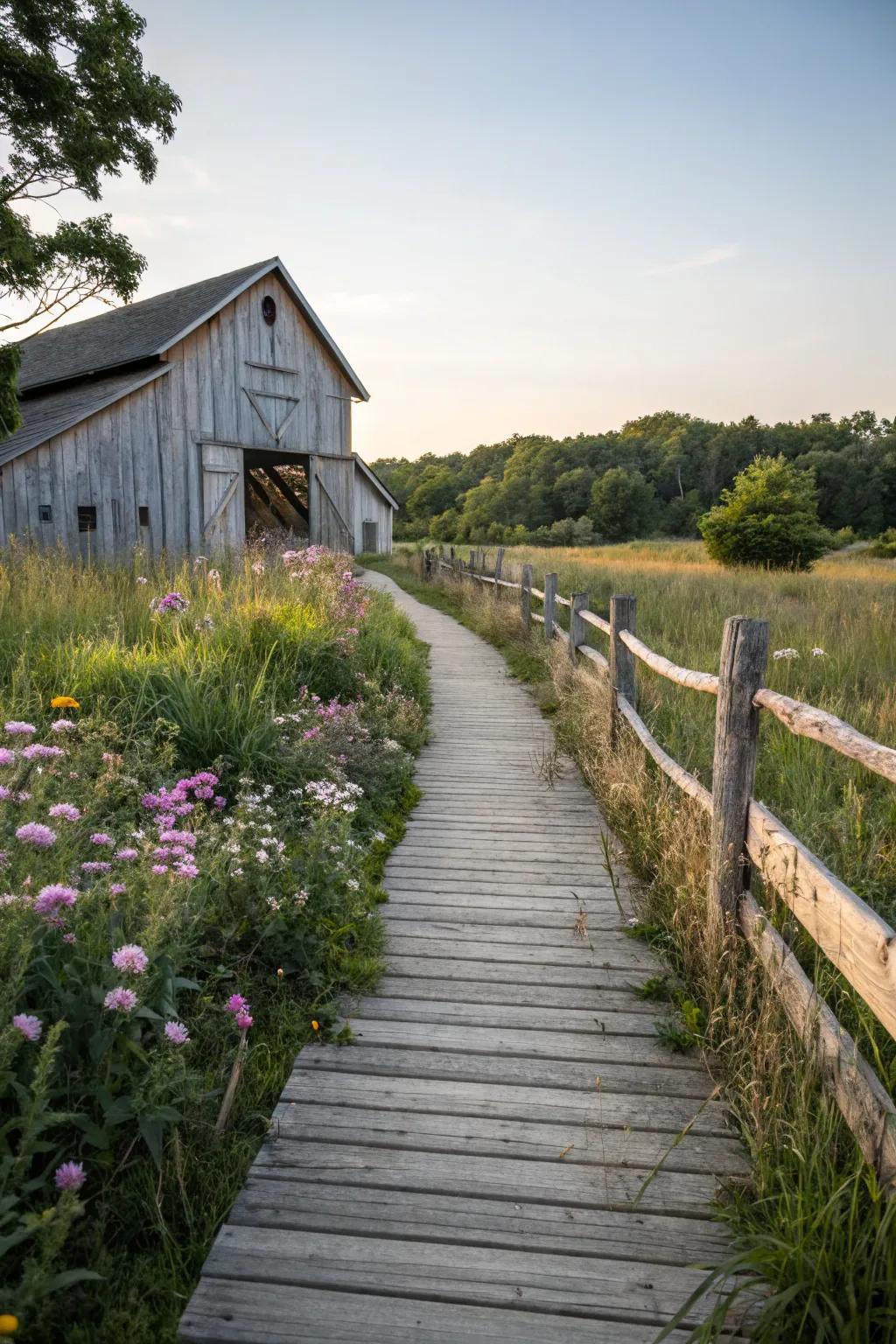 A charming wooden pathway leading to a welcoming barn.