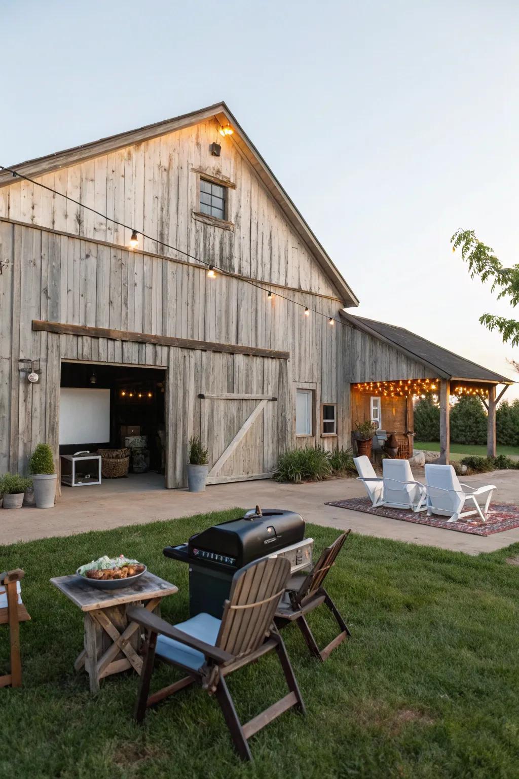 An inviting outdoor entertainment area next to a wooden barn.