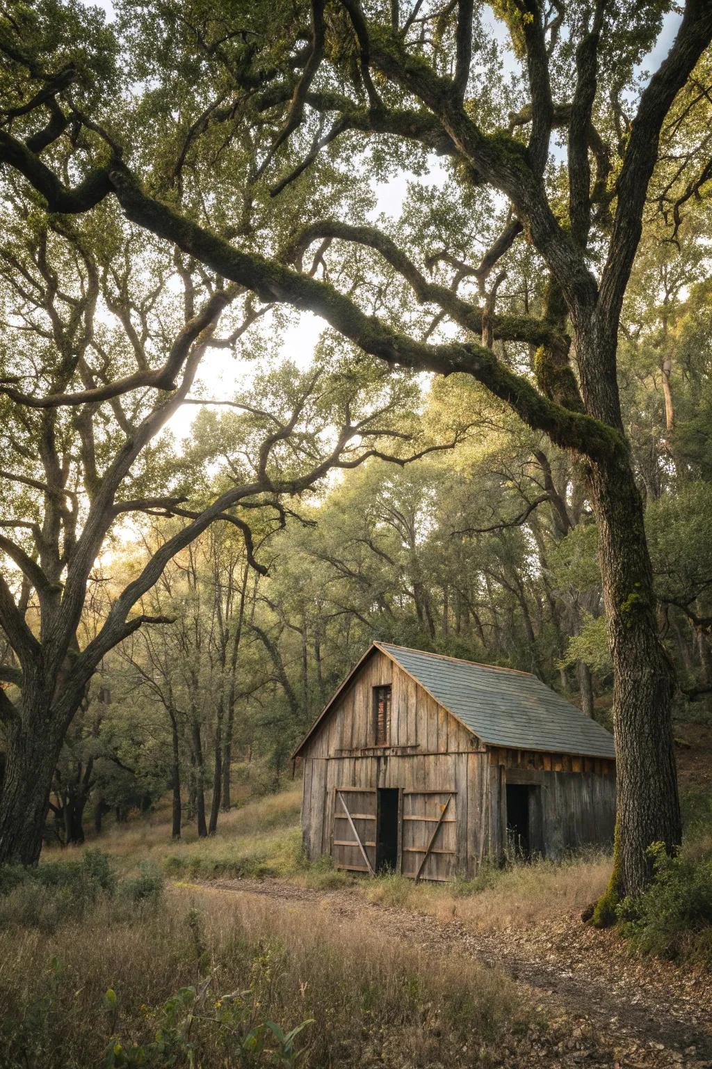 A wooden barn perfectly nestled in a scenic forest location.
