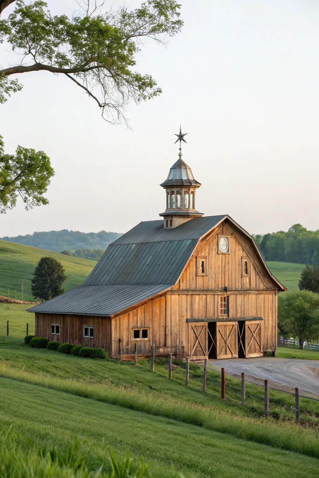 A custom-designed barn featuring an elegant cupola.