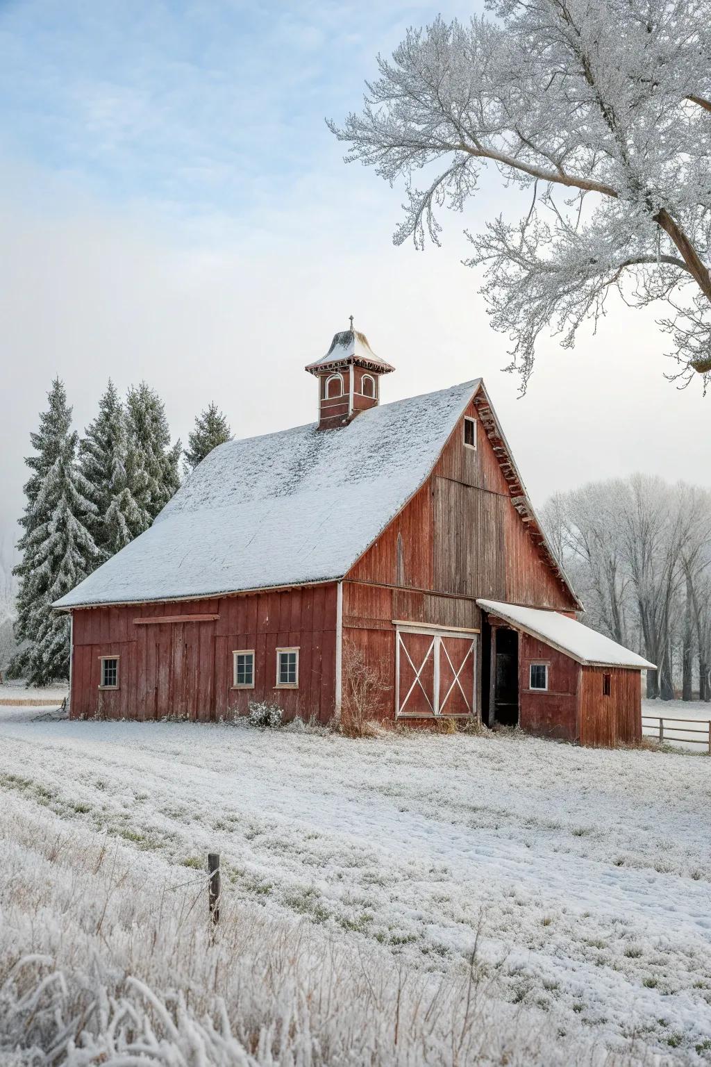 A barn designed to handle snowy weather with ease.