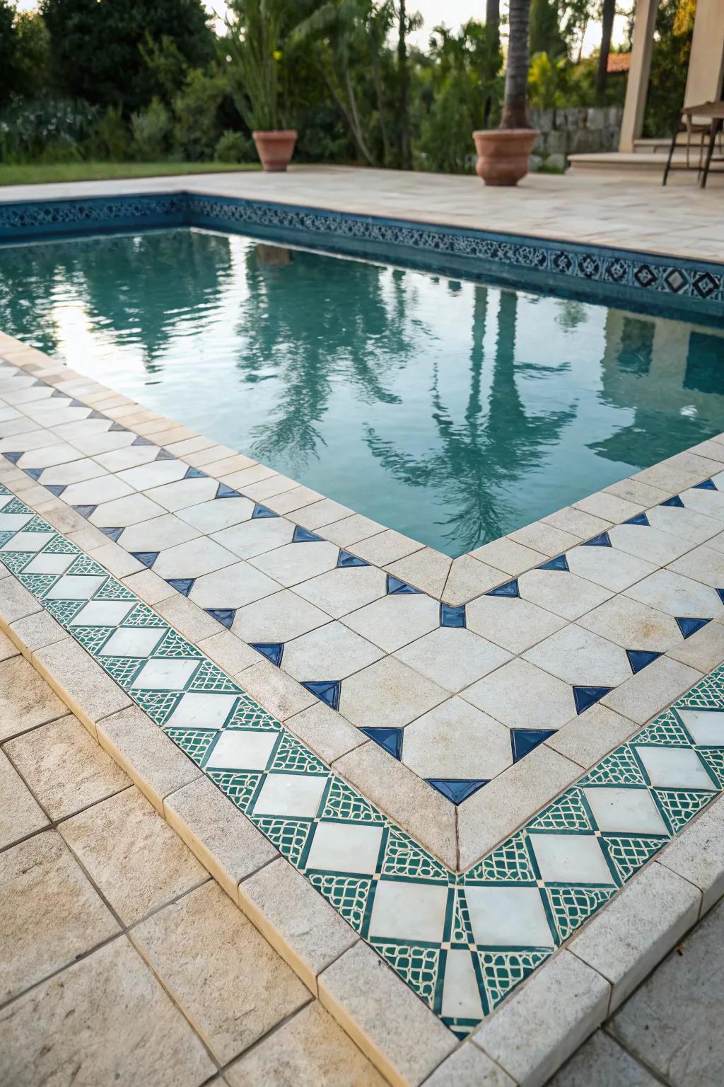 A pool with an elegant decorative tile border.