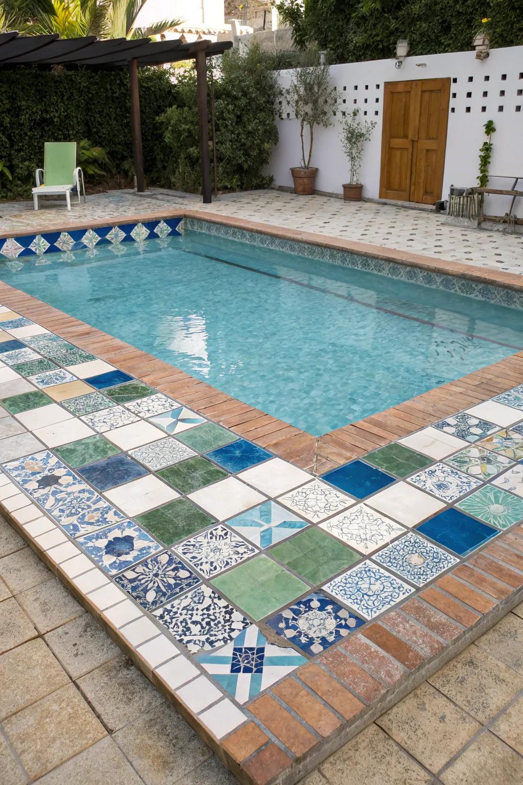 A pool with a creative mix of tile designs.