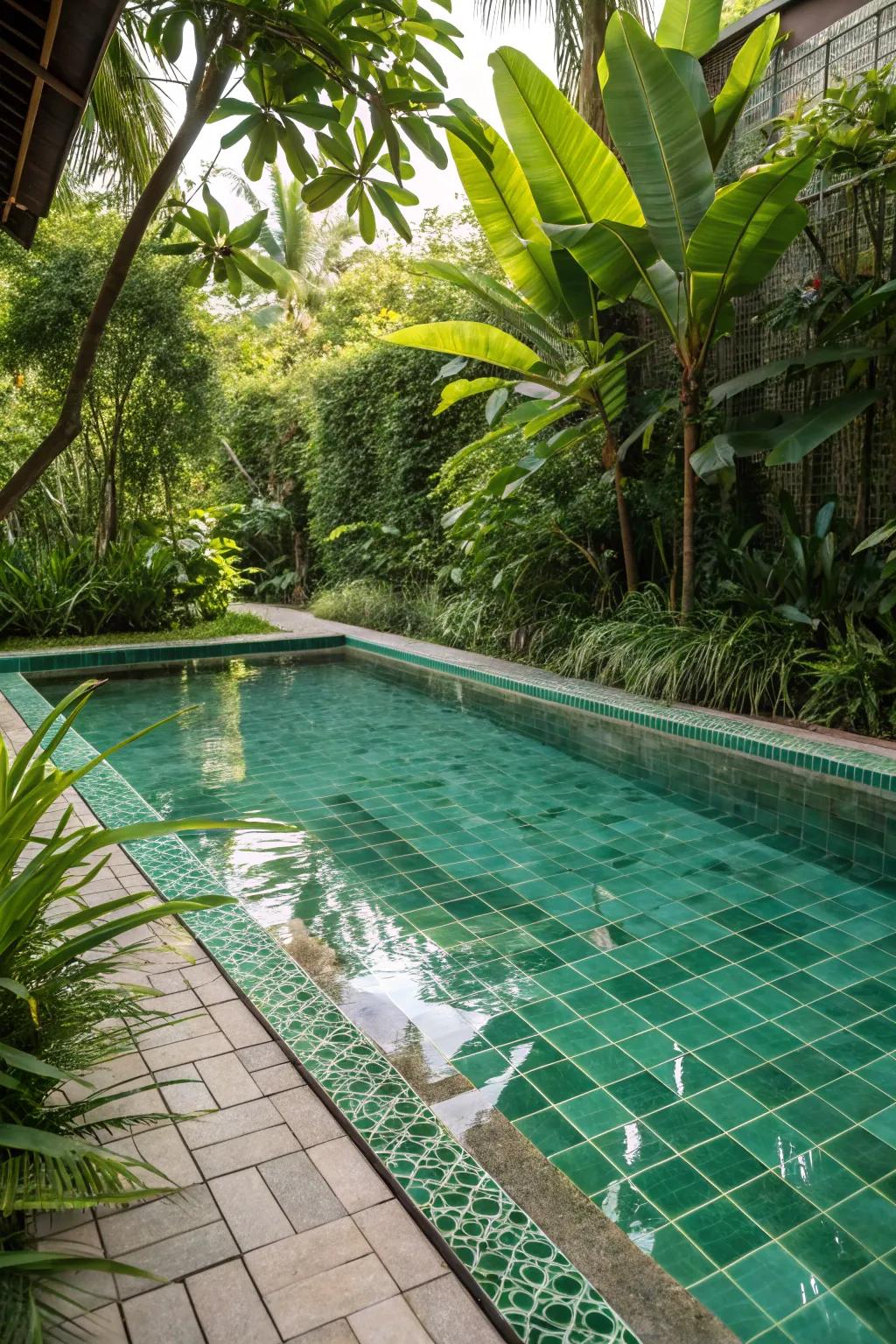 A tropical-themed pool with lush green tiles.