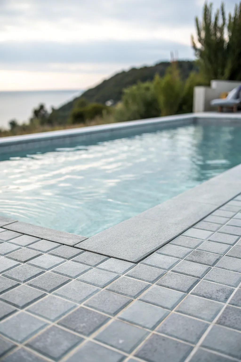 A sophisticated pool with subtle grey tiles.