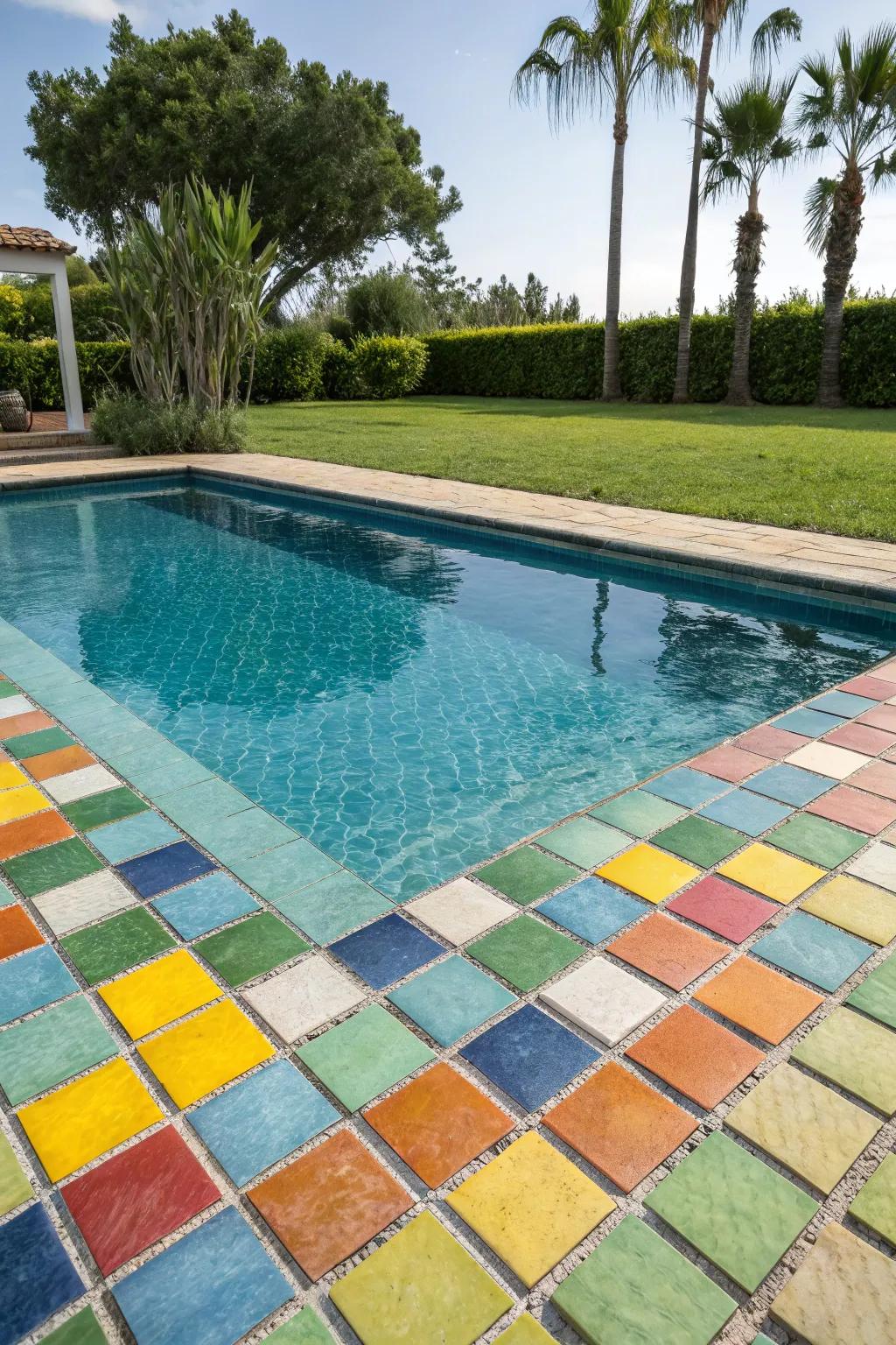 A lively pool with vibrant accent tiles that pop.