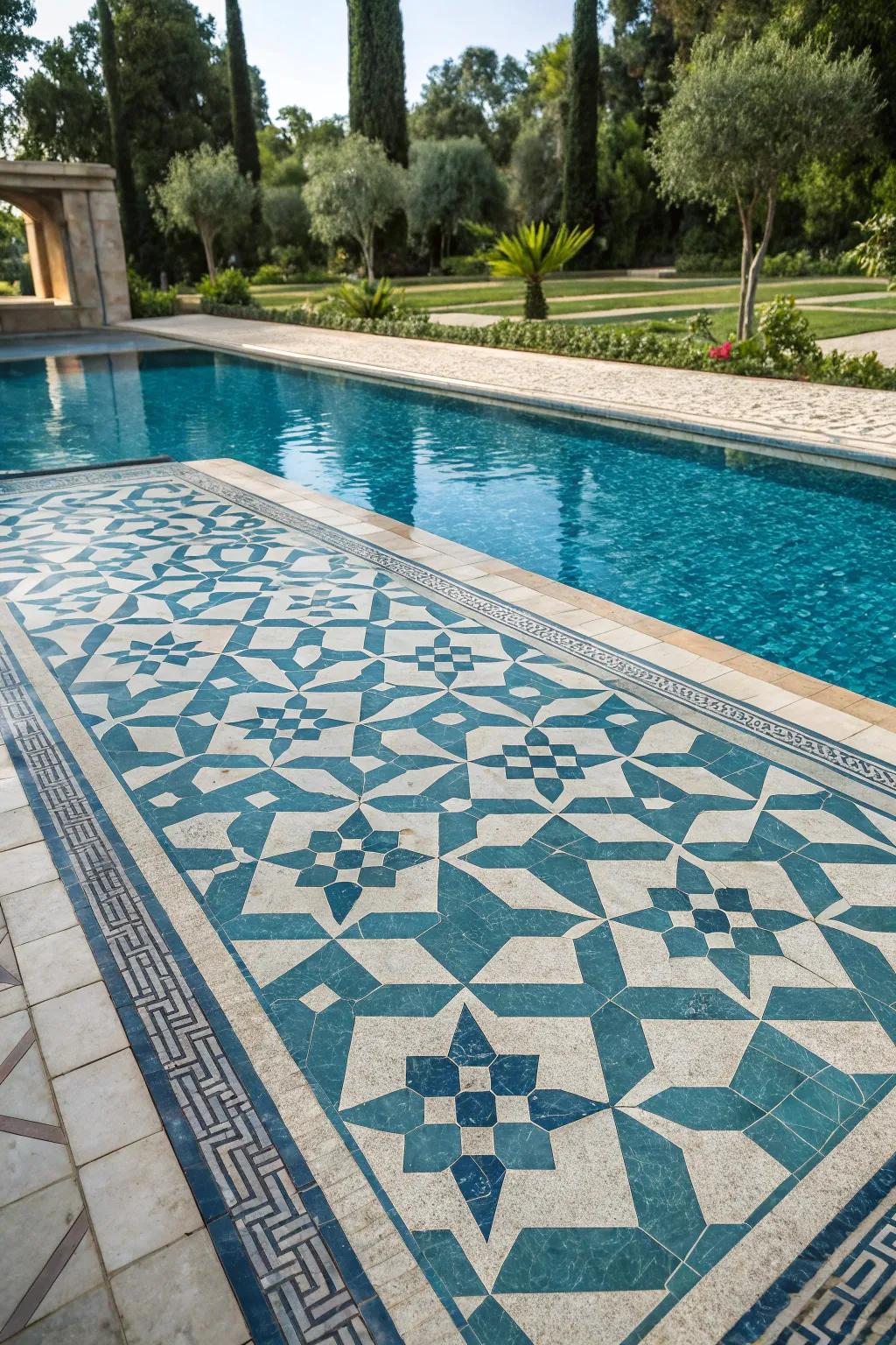 A pool showcasing intricate geometric 6x6 tile patterns.
