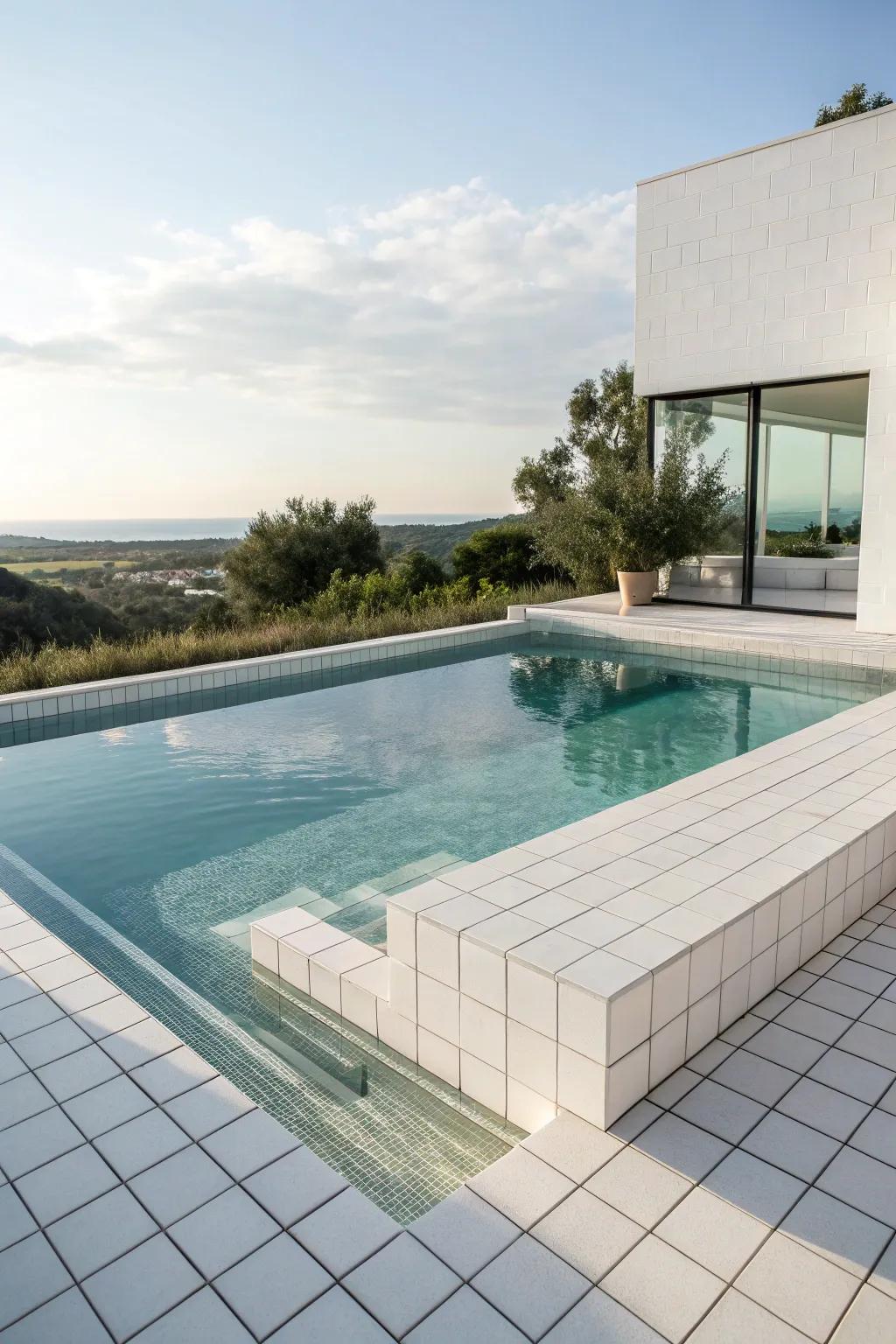 A refreshing pool with minimalist white tiles.