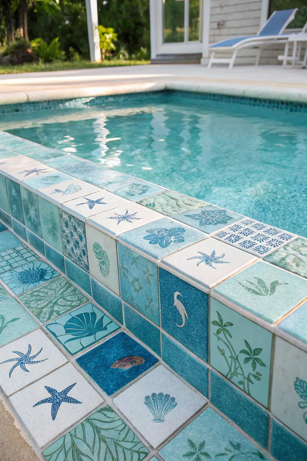 A pool with ocean-inspired themed tiles.