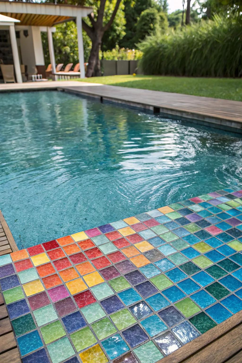 A pool with personalized custom mosaic designs.