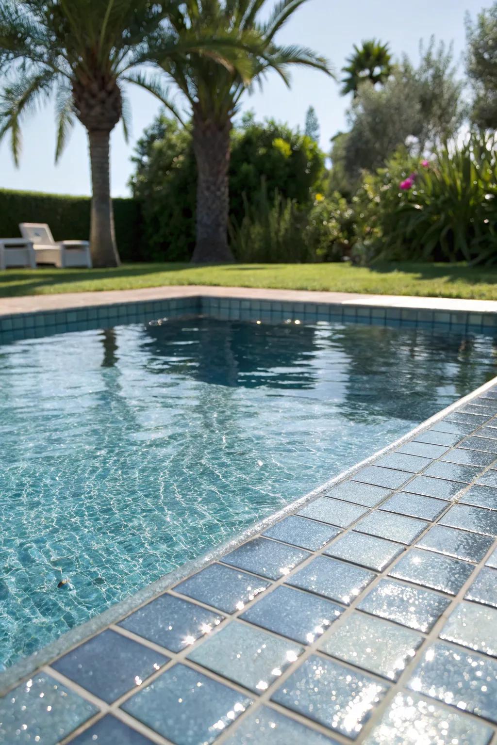 A dazzling pool with shimmering metallic tiles.