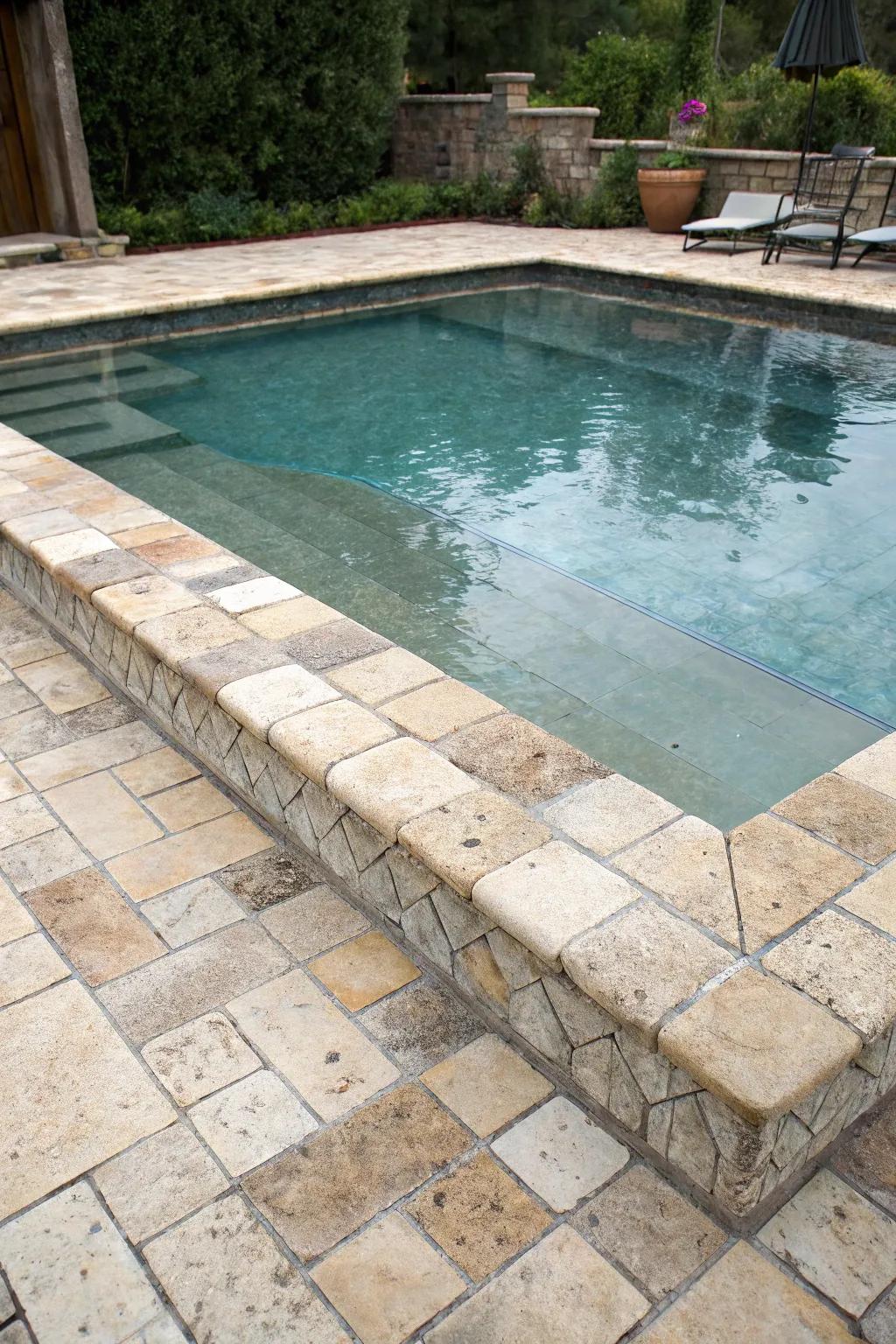 A pool featuring a natural stone finish with 6x6 tiles.