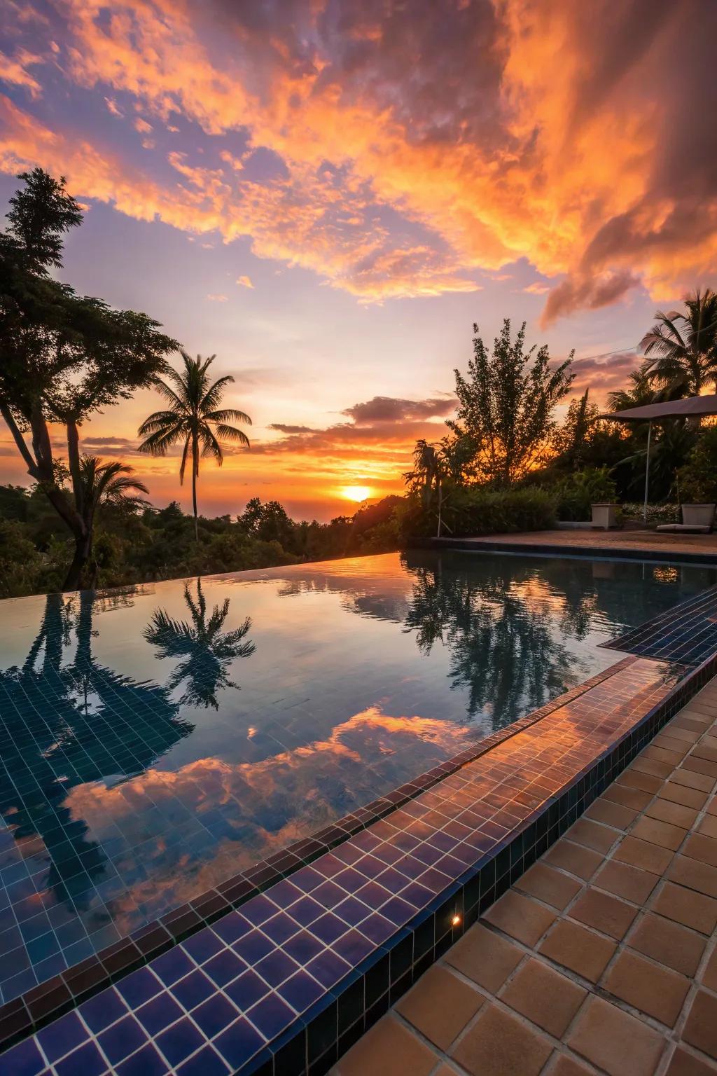A romantic pool with sunset-colored tiles.