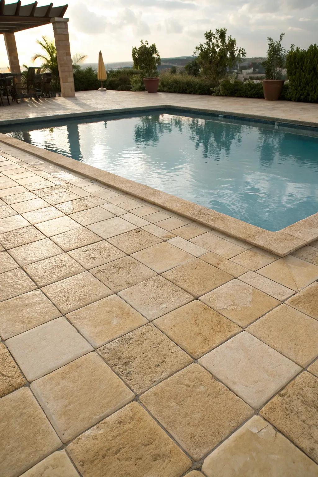 A welcoming pool with warm beige tiles.