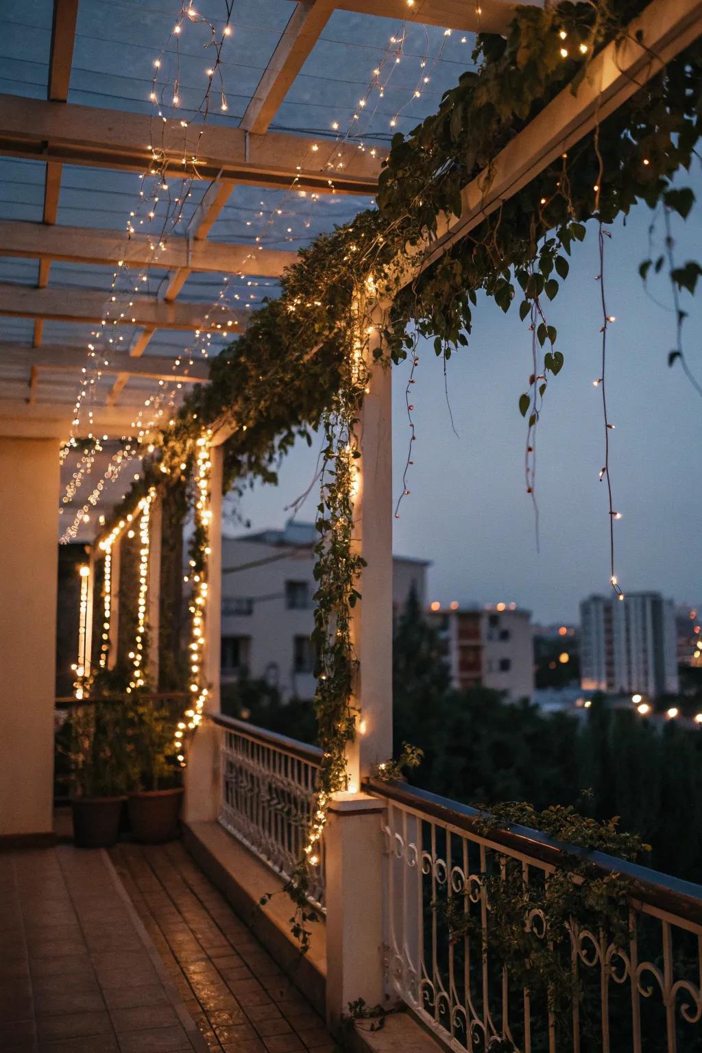 Fairy lights create a magical and inviting outdoor space.