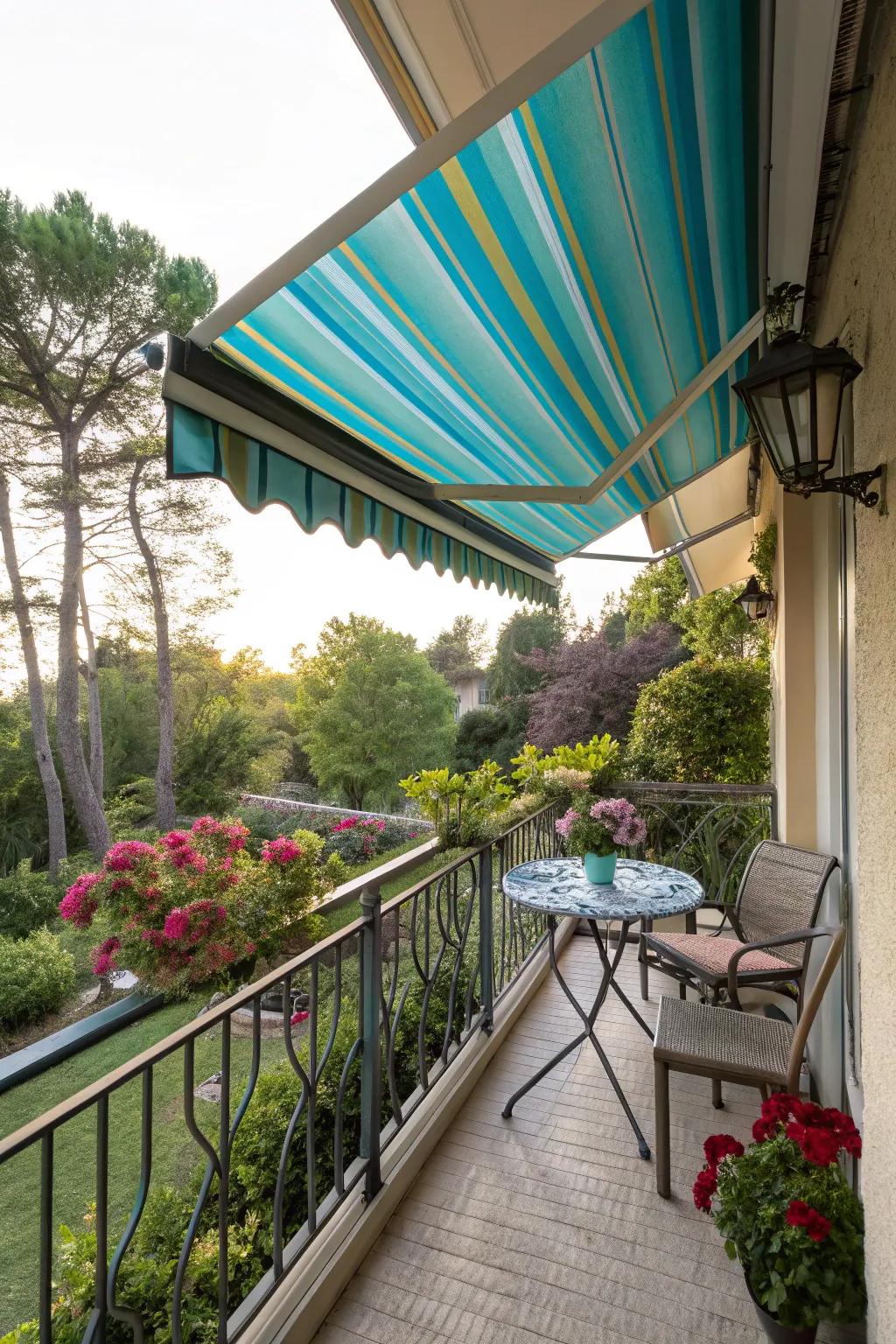 Retractable awnings provide flexible sun and shade options.