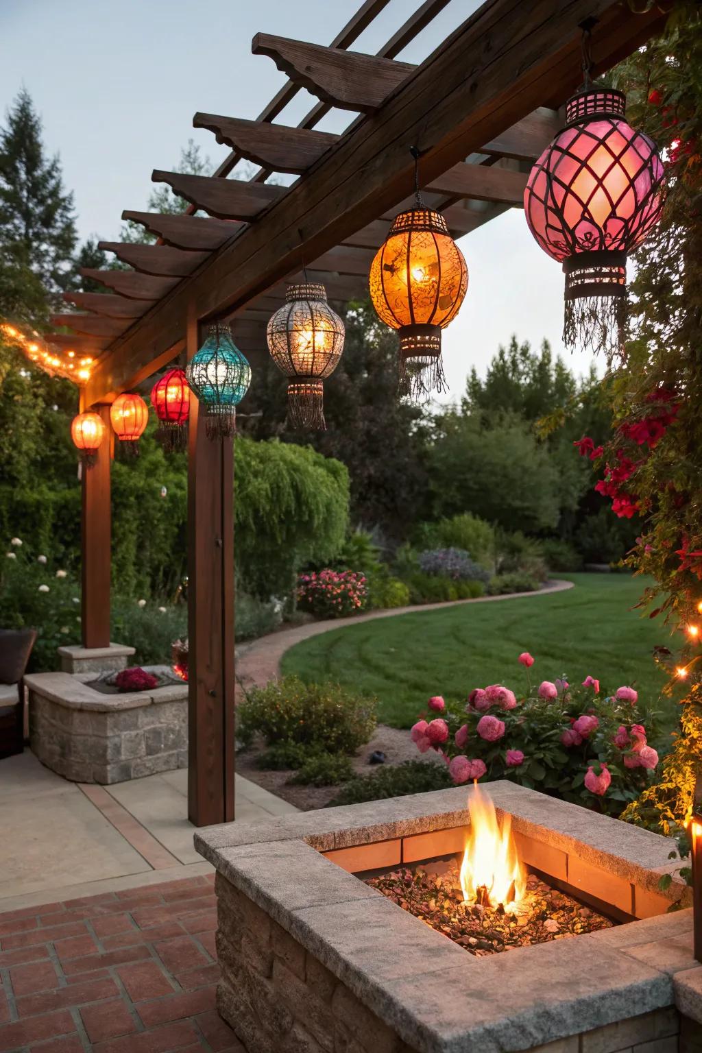 Colorful lanterns add vibrant charm to the pergola.