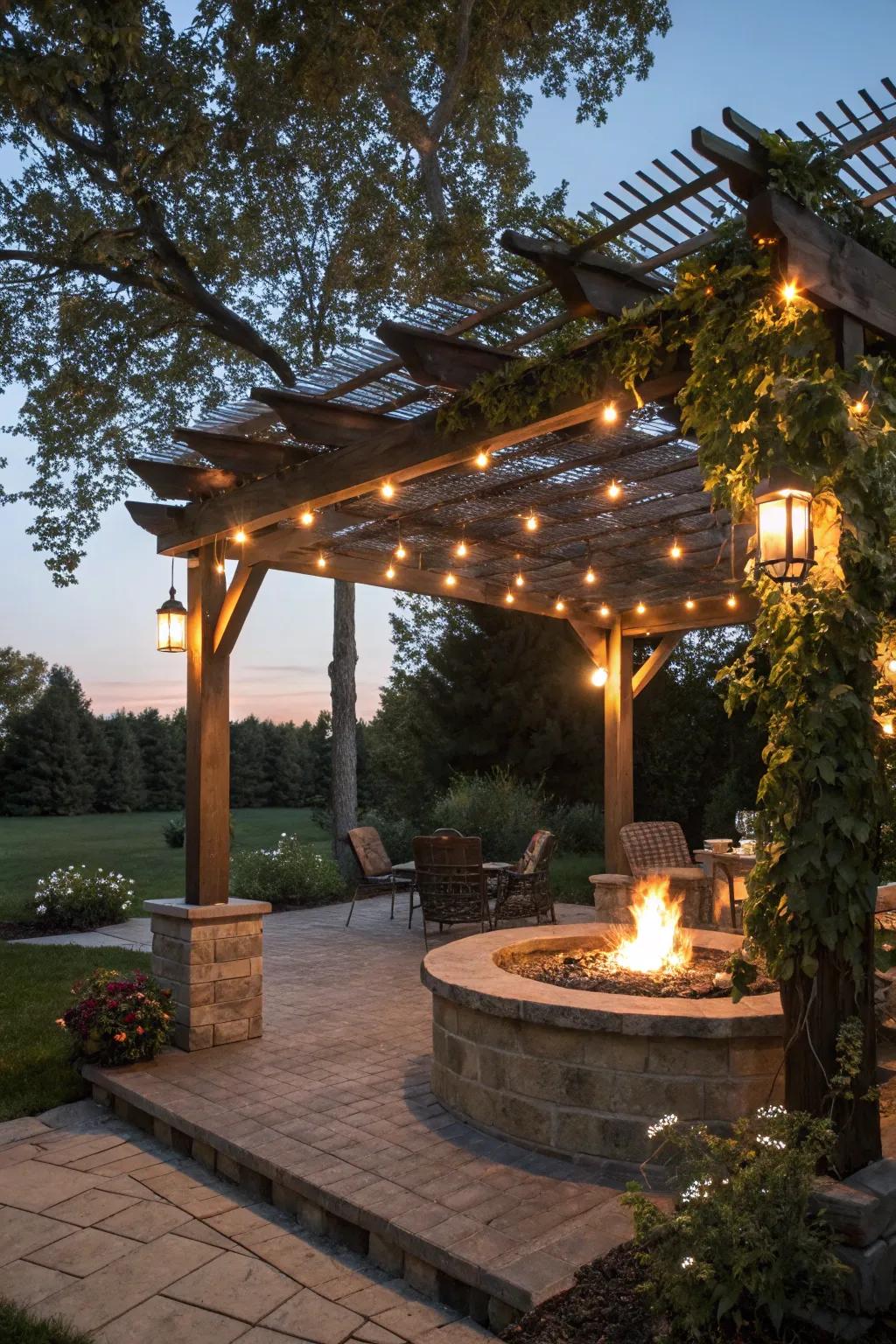 Solar lighting offers sustainable illumination for the pergola.
