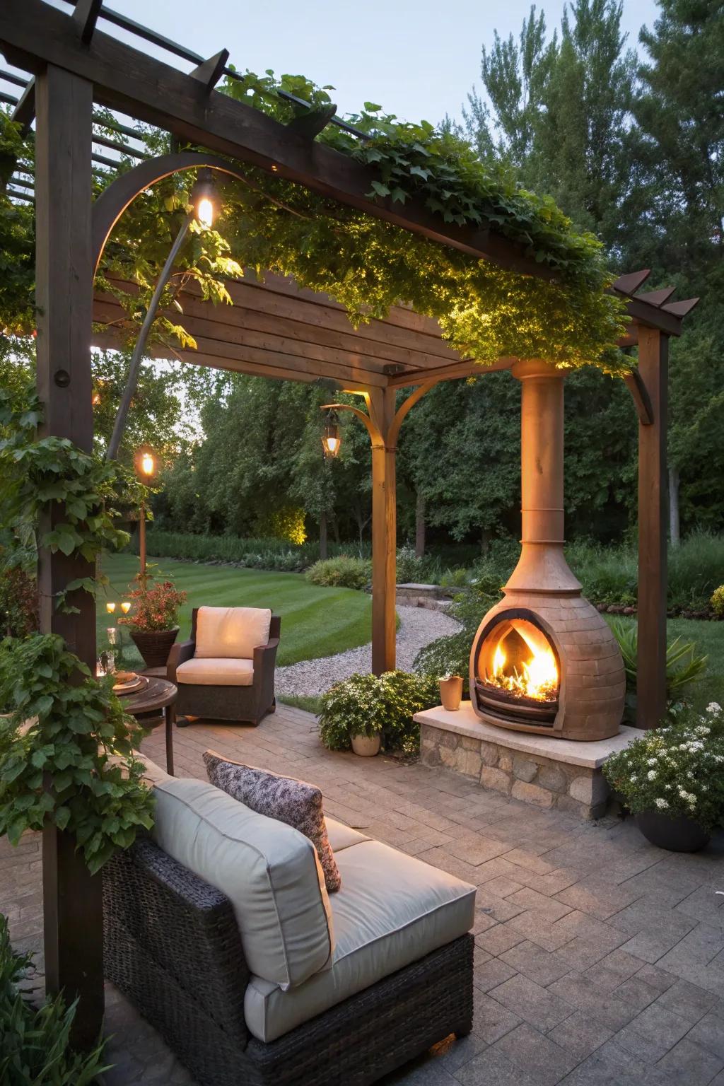A chiminea adds charm and warmth under the pergola.