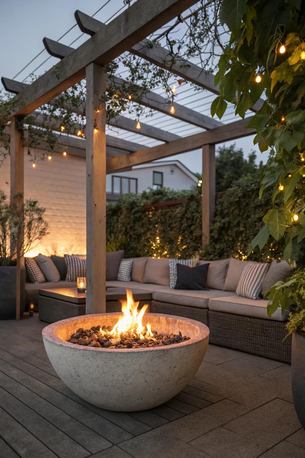 A fire bowl provides a modern touch under the pergola.