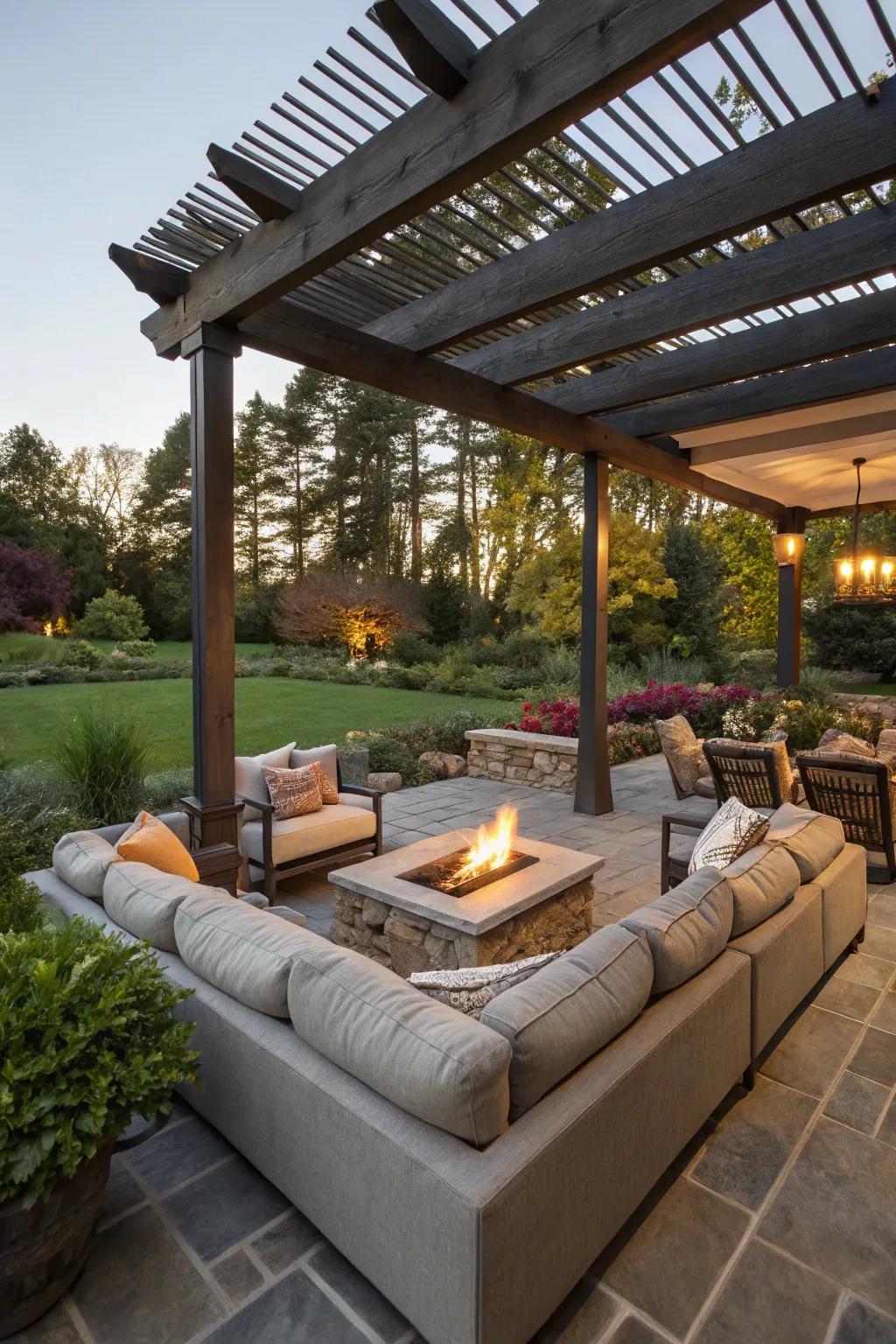 An outdoor living room setup under a pergola.