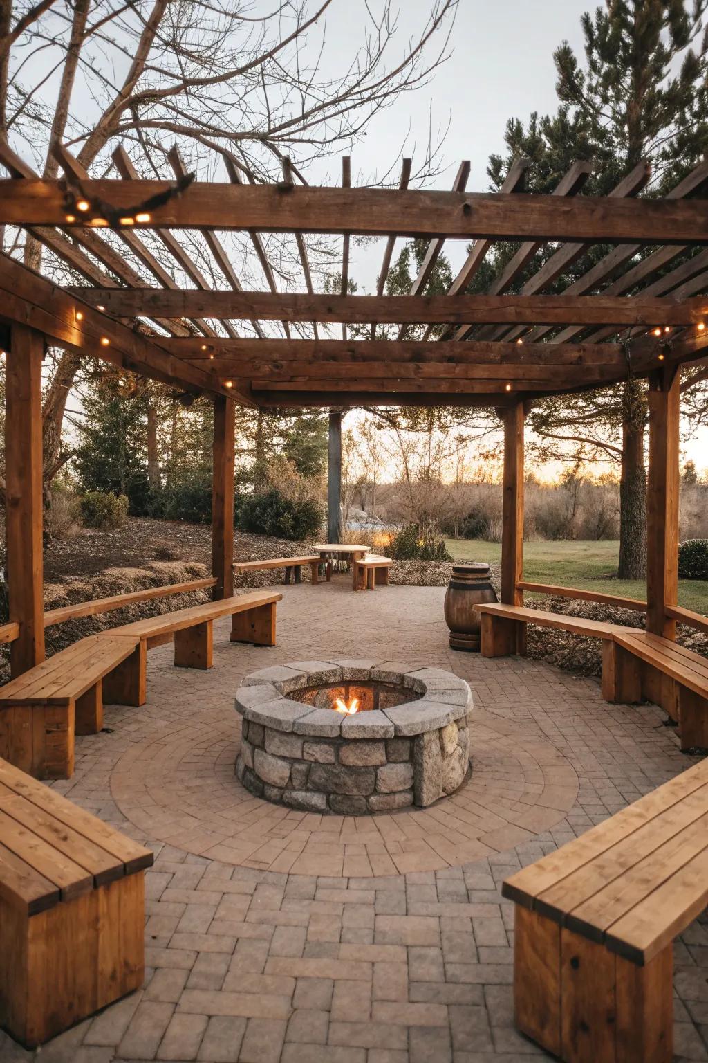 A rustic retreat with a wooden pergola and stone fire pit.