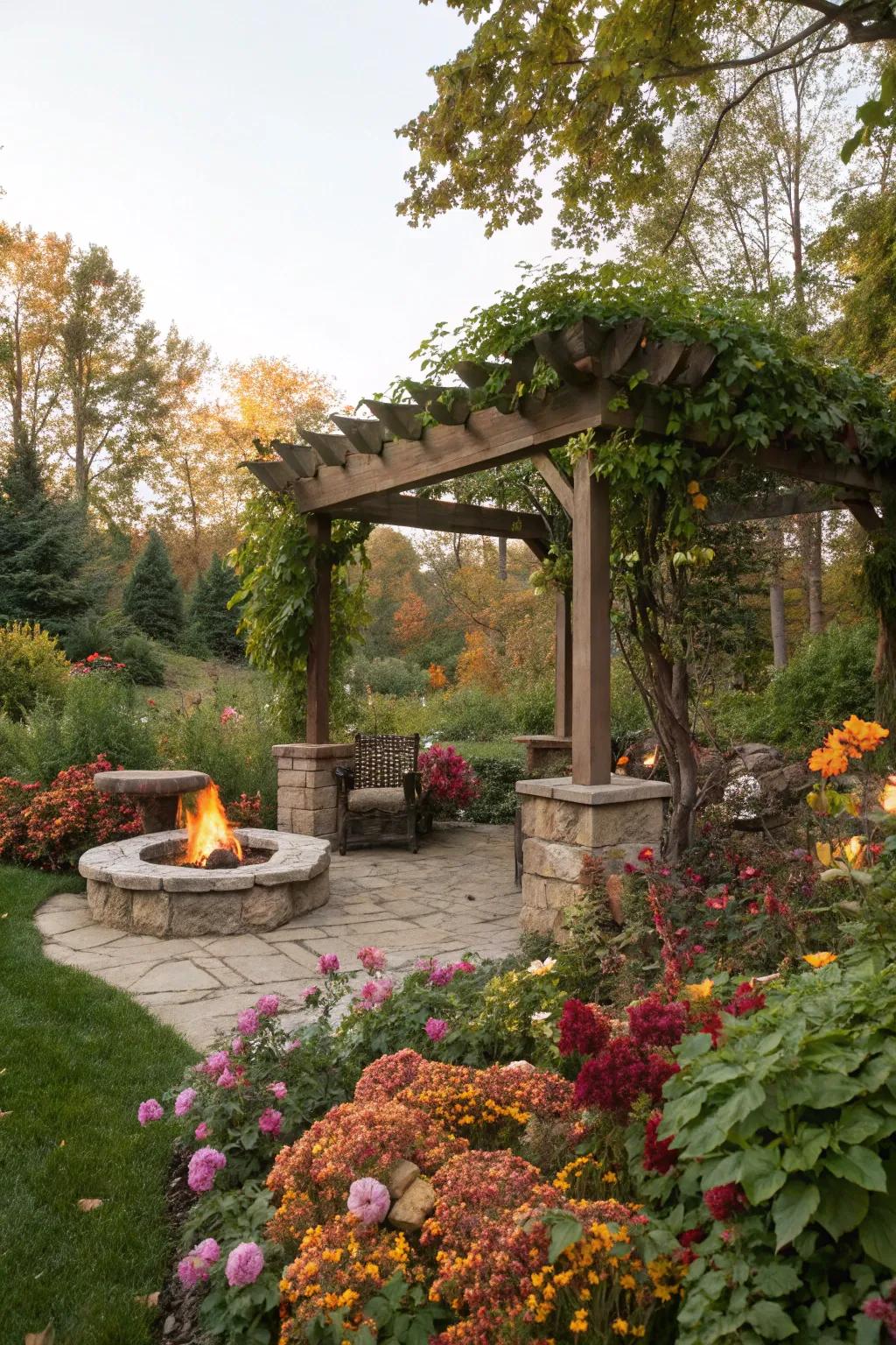 Seasonal plants add a dynamic touch to the pergola.