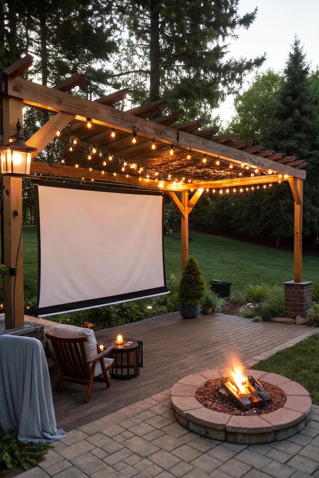 A movie screen under the pergola offers cinematic experiences outdoors.