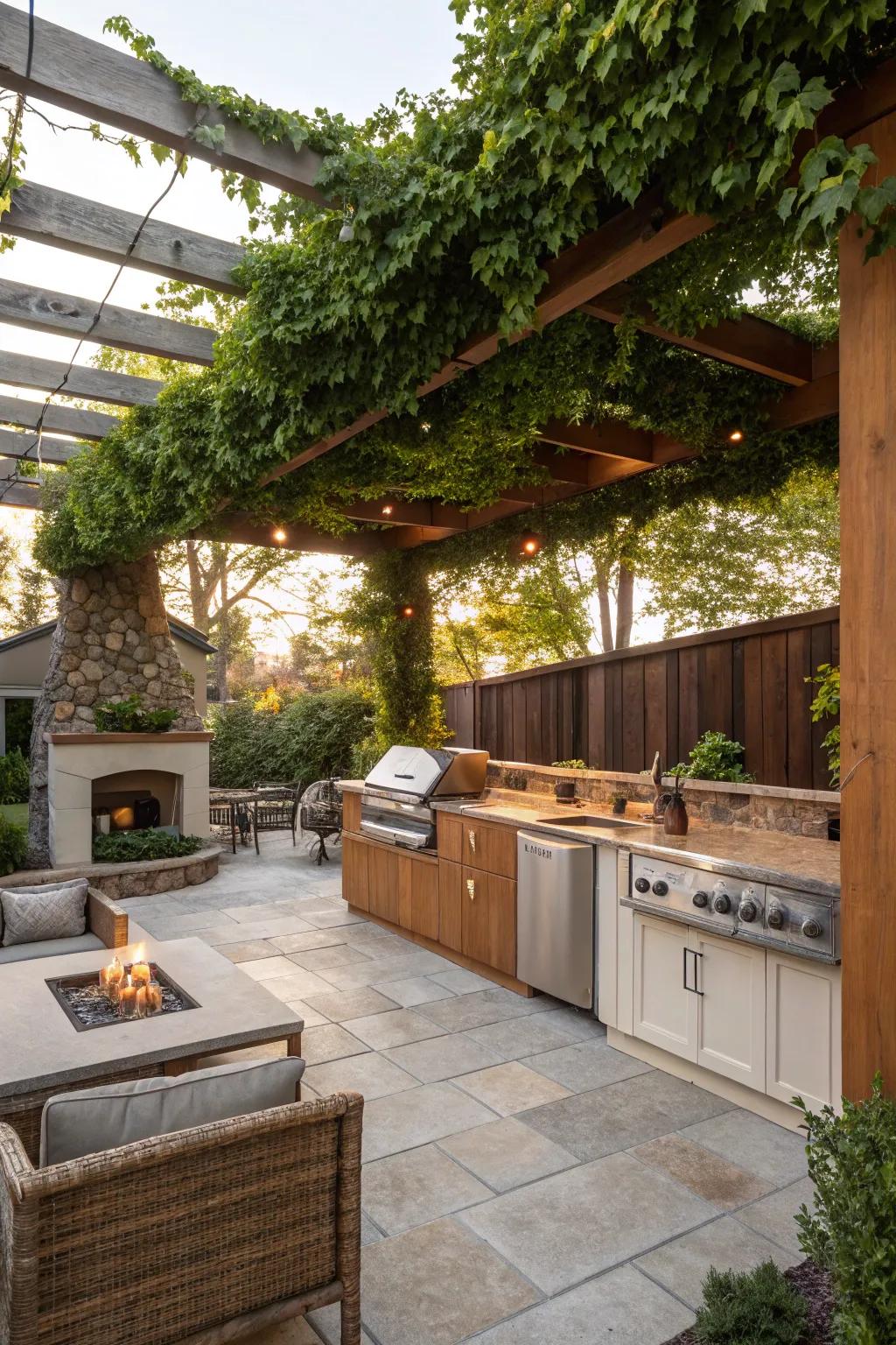 A multifunctional space with a pergola and outdoor kitchen.