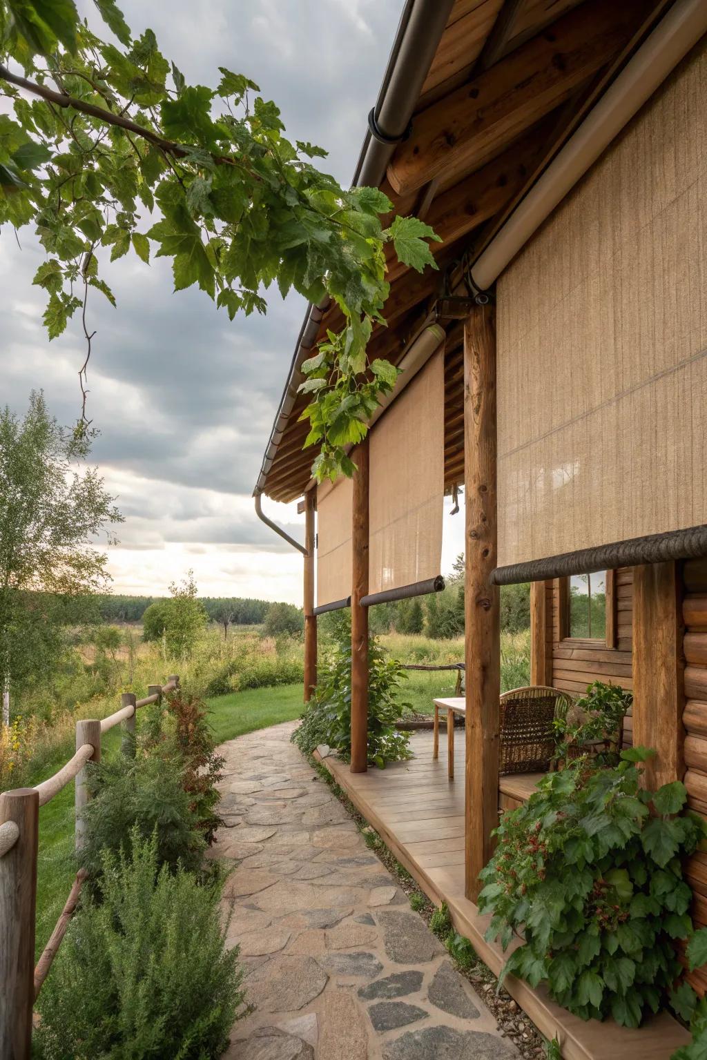 Rustic roller shades that enhance natural beauty.