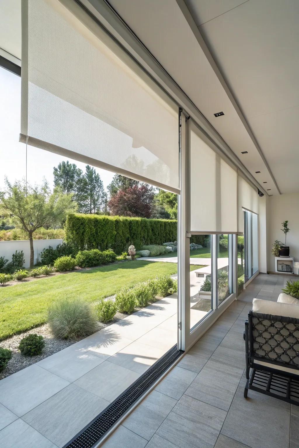 Roller shades with hidden hardware for a sleek look.