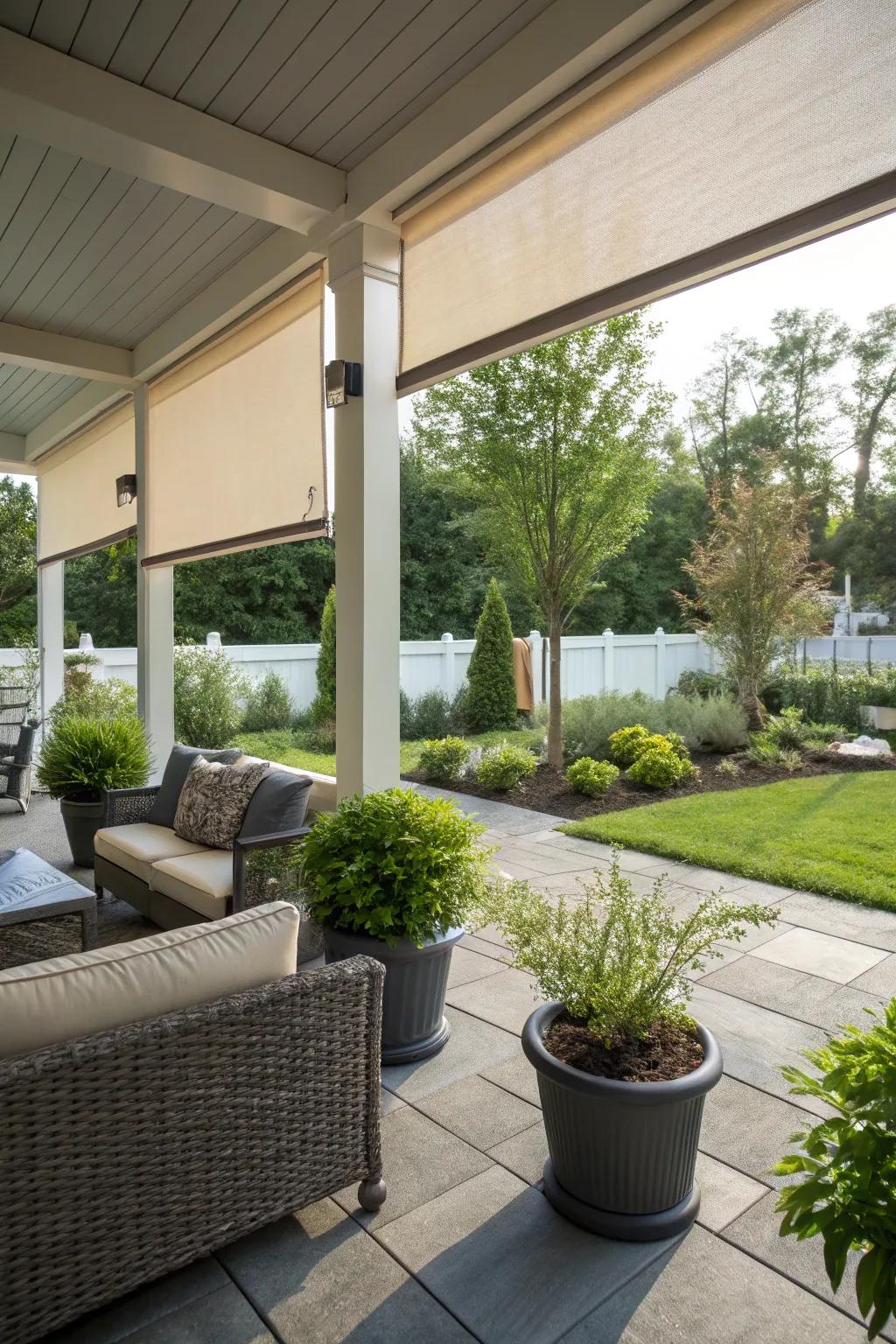 A patio retreat with roller shades for perfect shade.