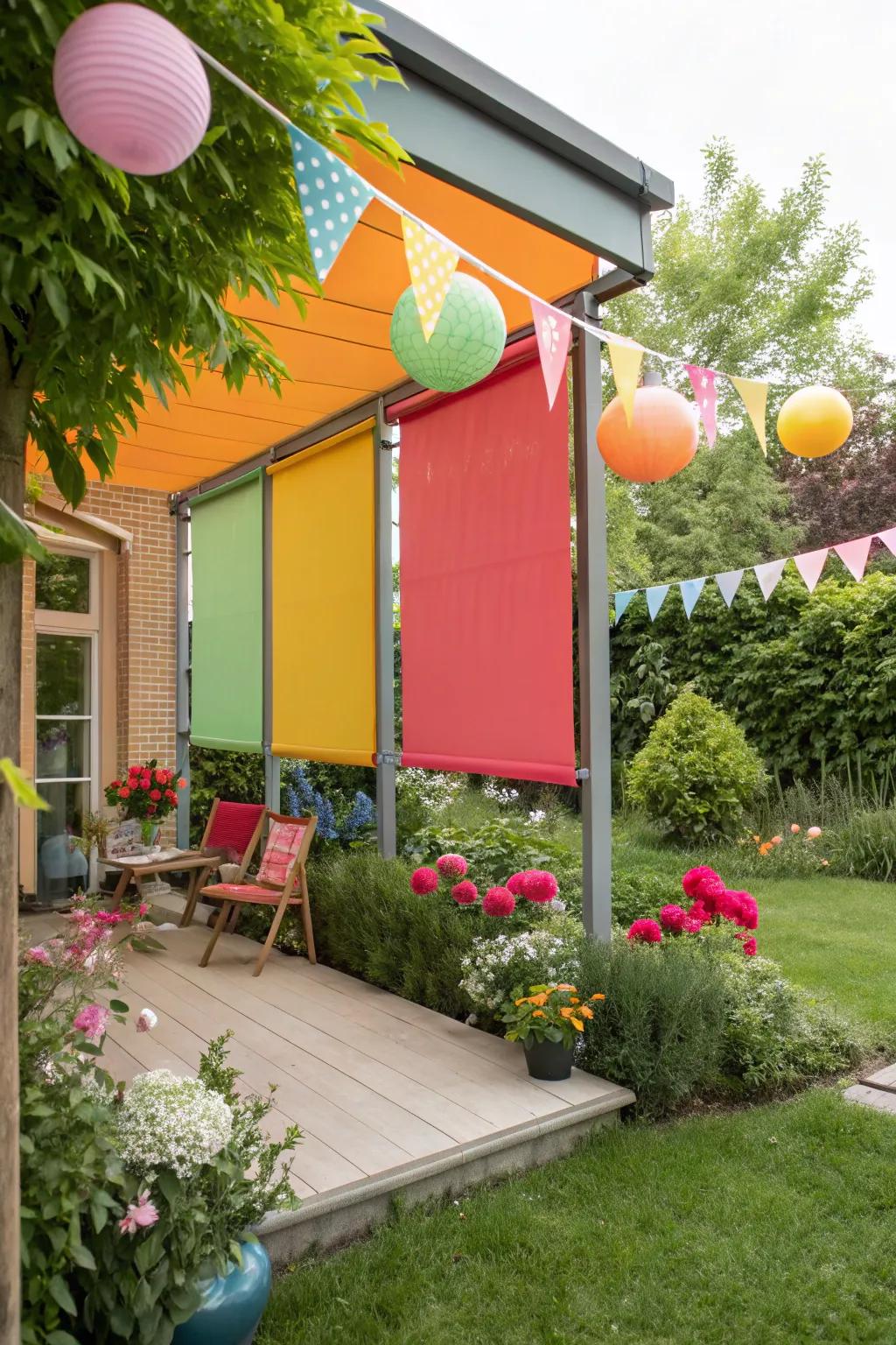 Vibrant roller shades adding a splash of color.