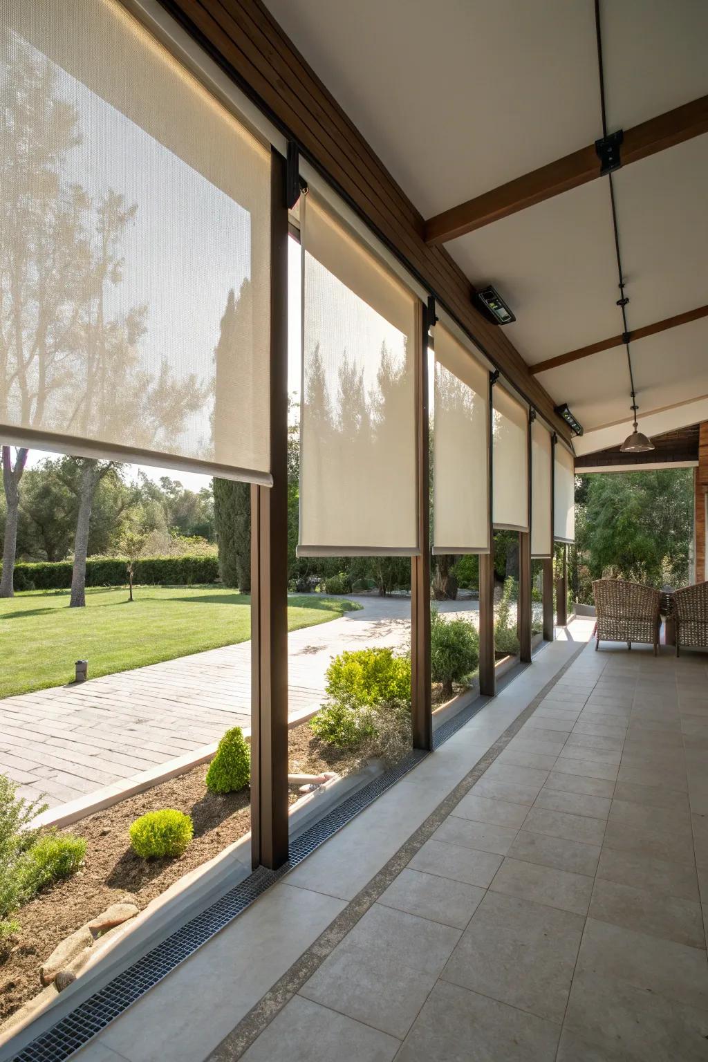 Roller shades with light filtering for ambiance control.