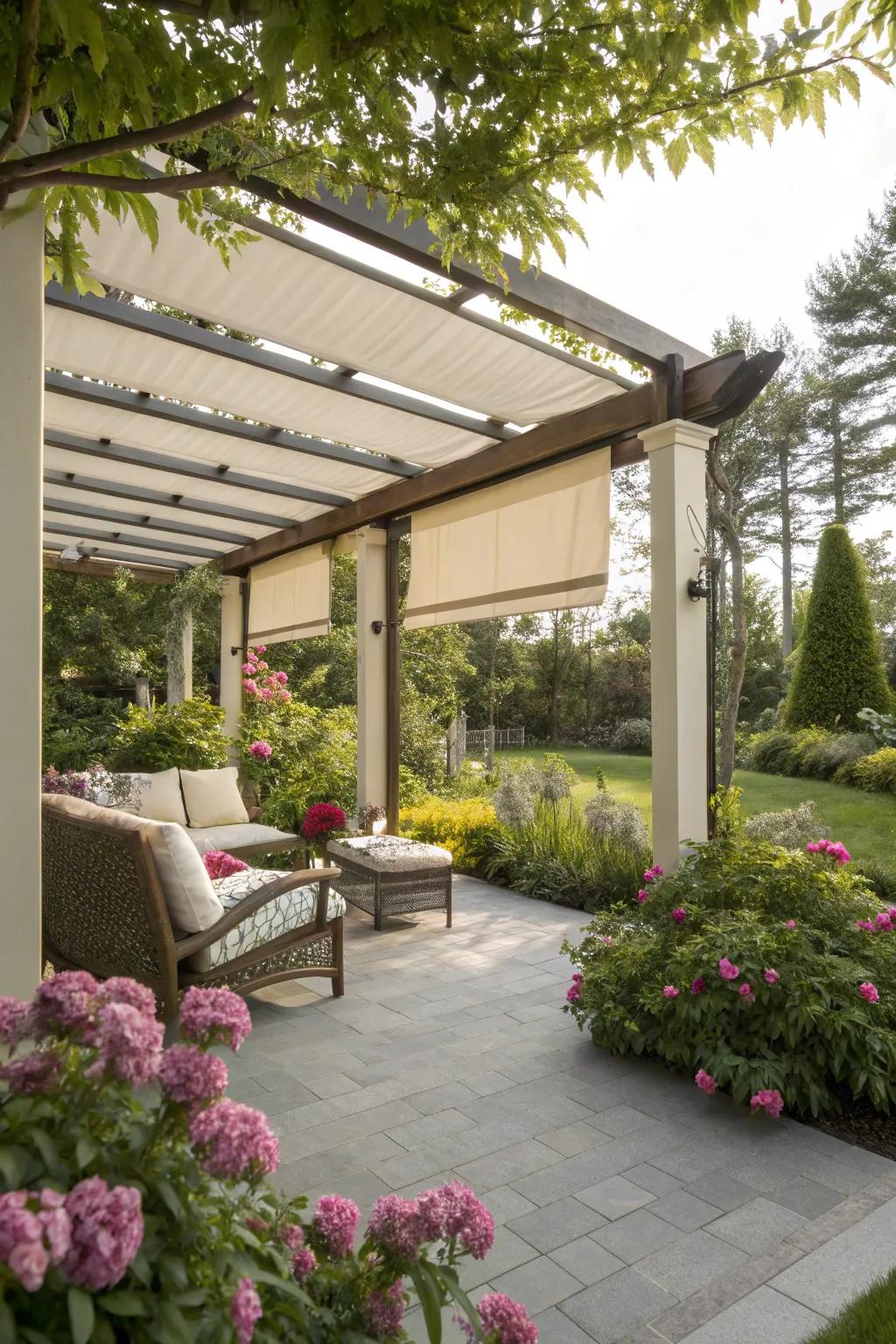 Elevate your pergola with stylish roller shades.