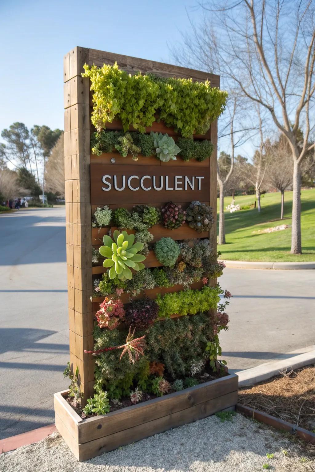 Vertical succulent planters combine greenery and signage beautifully.