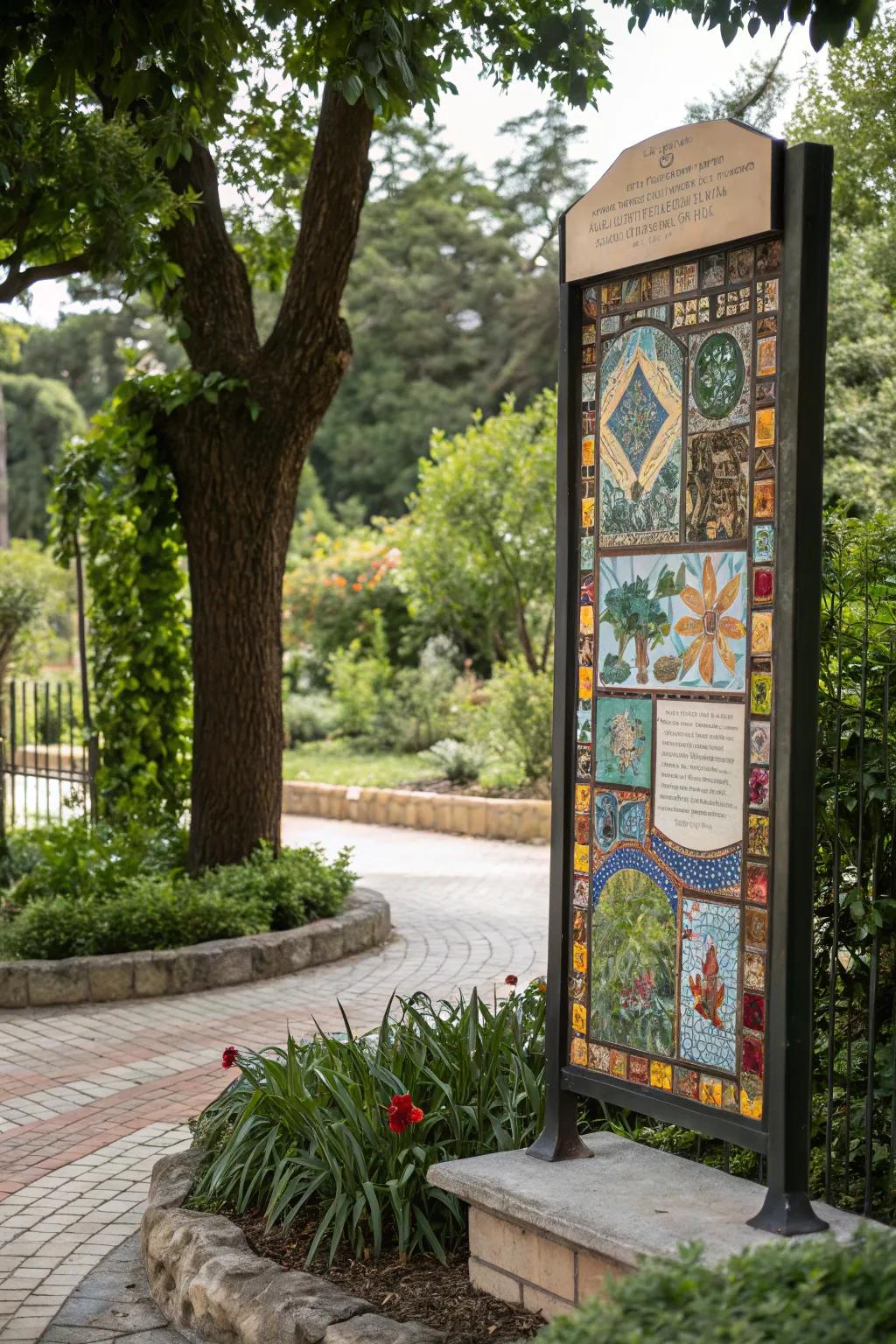 Artistic mosaic signs add vibrant visual appeal.