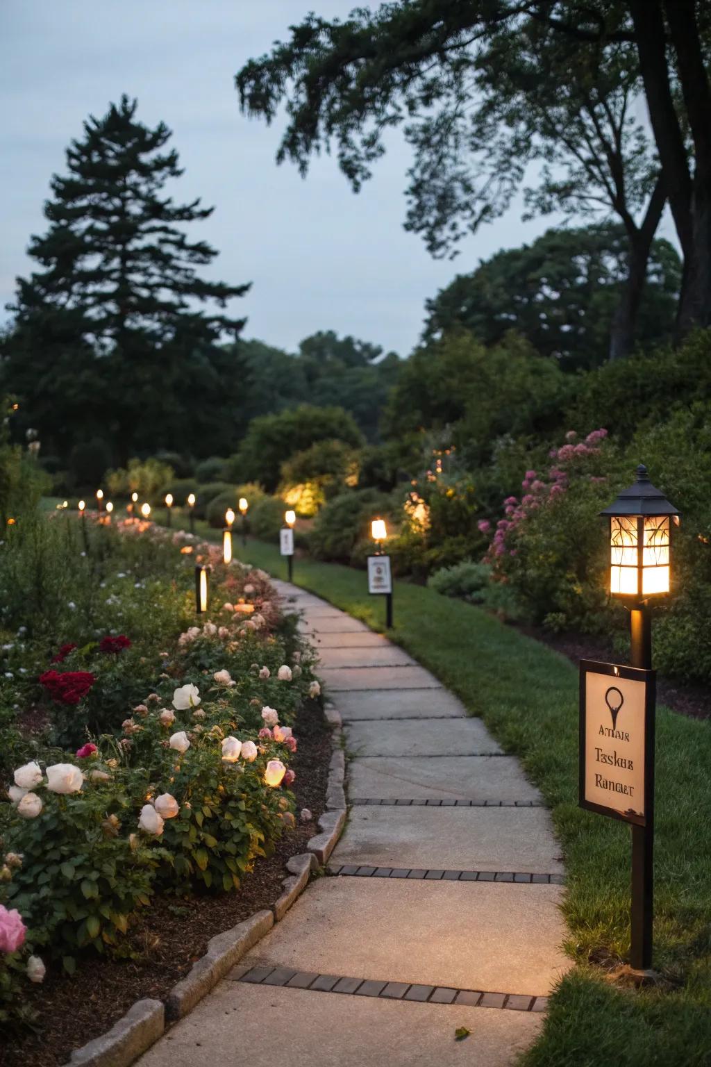 Light-up pathway signs add a magical glow to nighttime strolls.