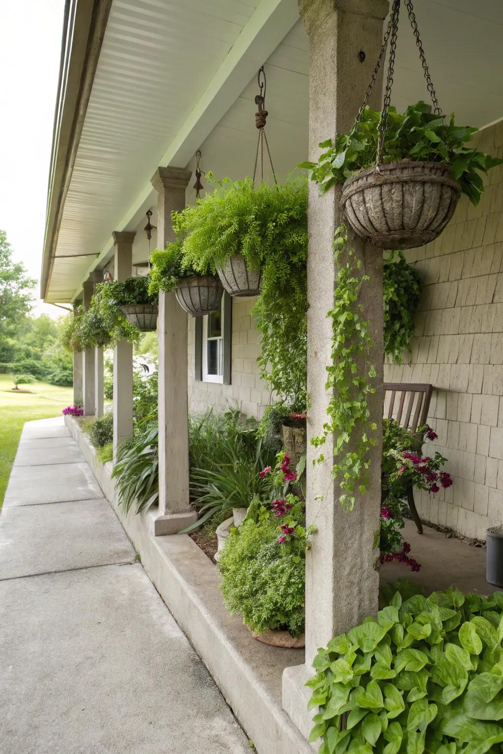 Create a mini garden oasis with vertical planters and hanging baskets.