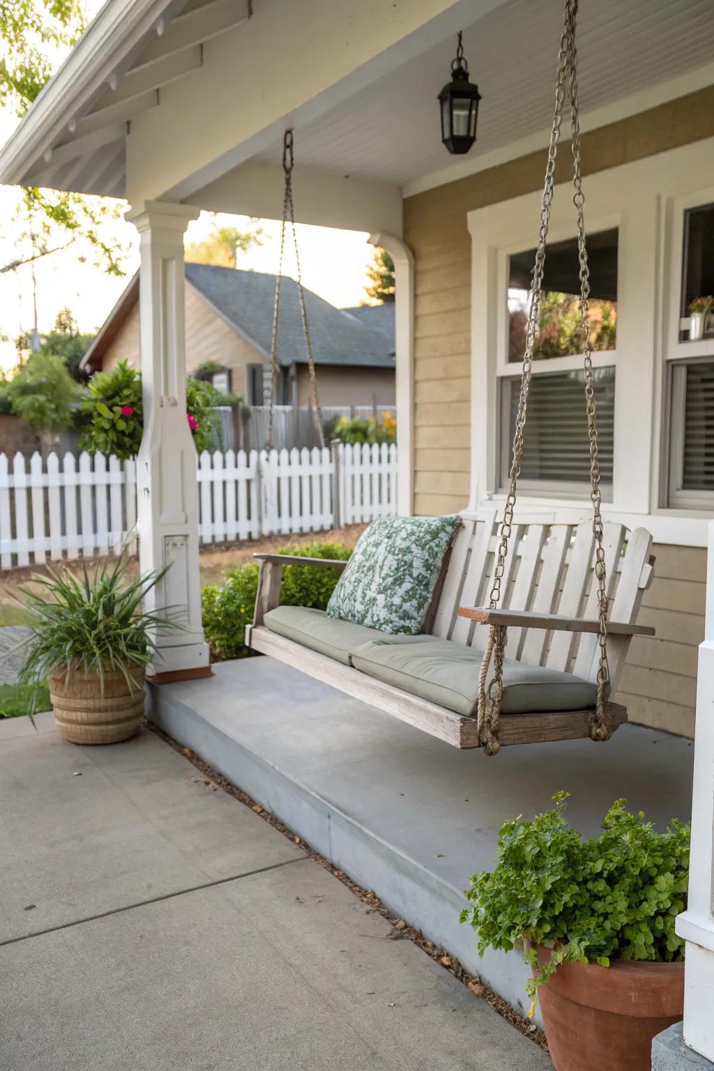 A porch swing offers a perfect spot for relaxation.