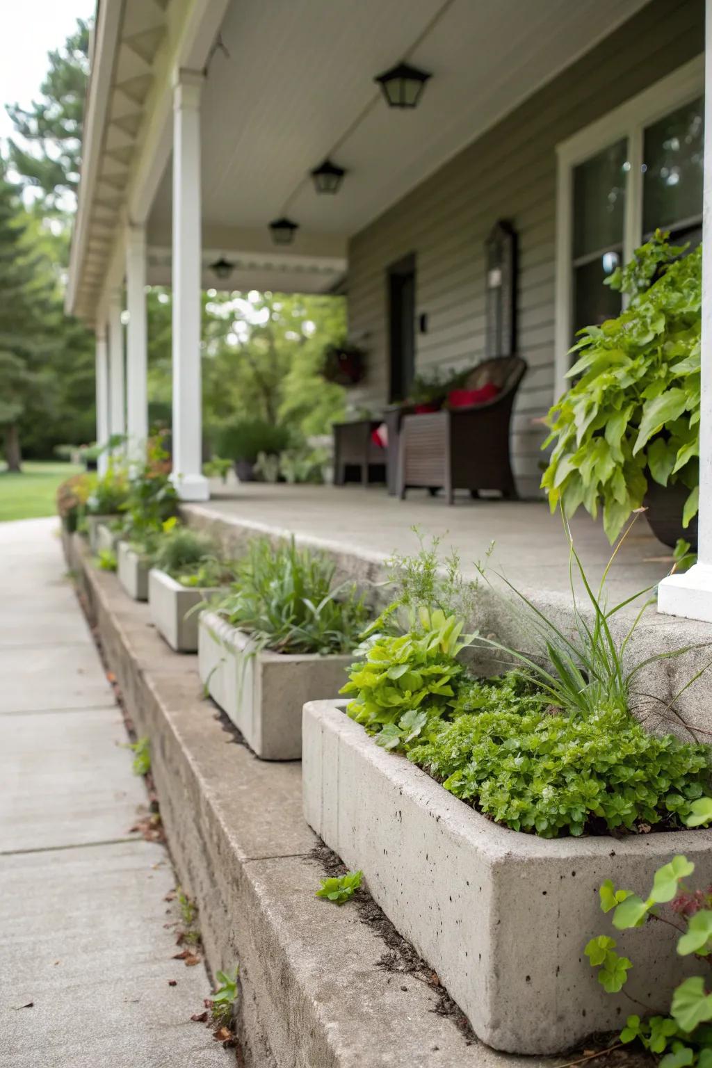 Built-in planters seamlessly integrate greenery into your porch design.